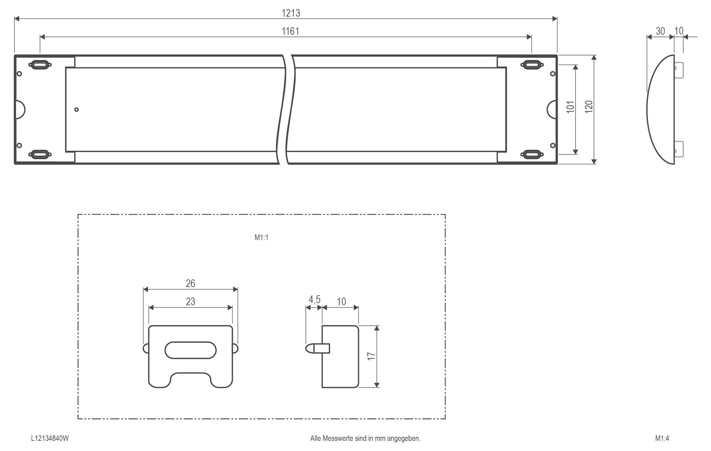 Technische Zeichnung eines Metallprofils: 2000 mm Länge, Querschnittsabmessungen 15 mm Breite, 12 mm Innenbreite und 8 mm Höhe, Maßstab 1:1.