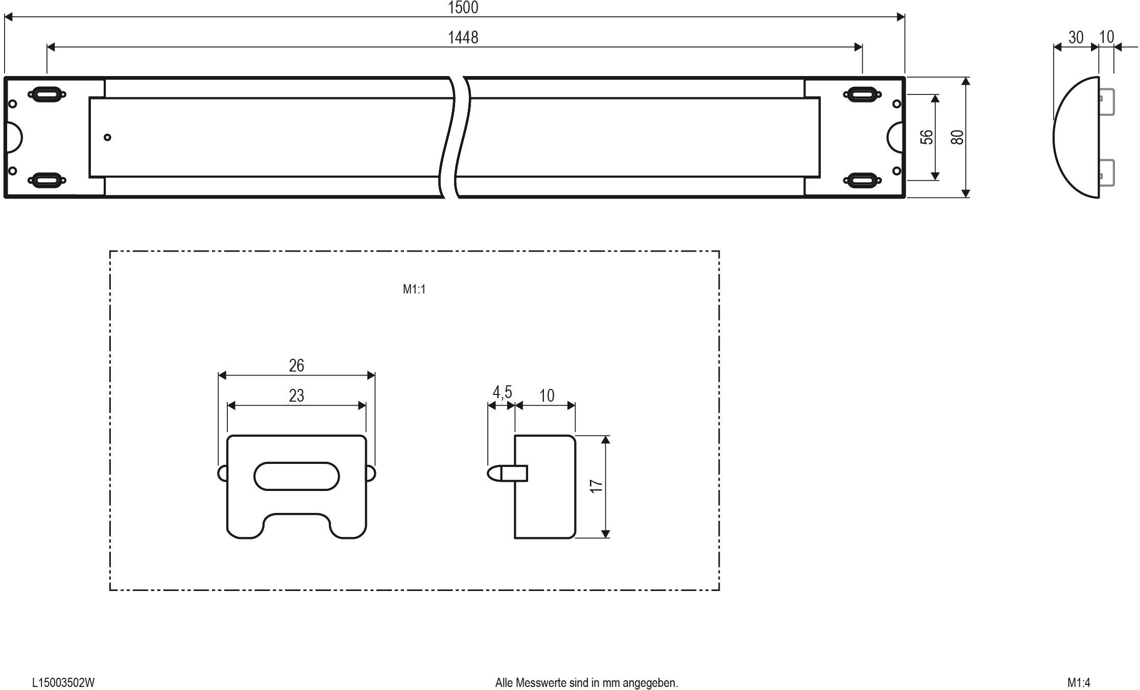 Technische Zeichnung einer rechteckigen LED-Leuchte mit Maßen 1500 x 38 x 88 mm. Detaillierte Komponentenansichten sind dargestellt.