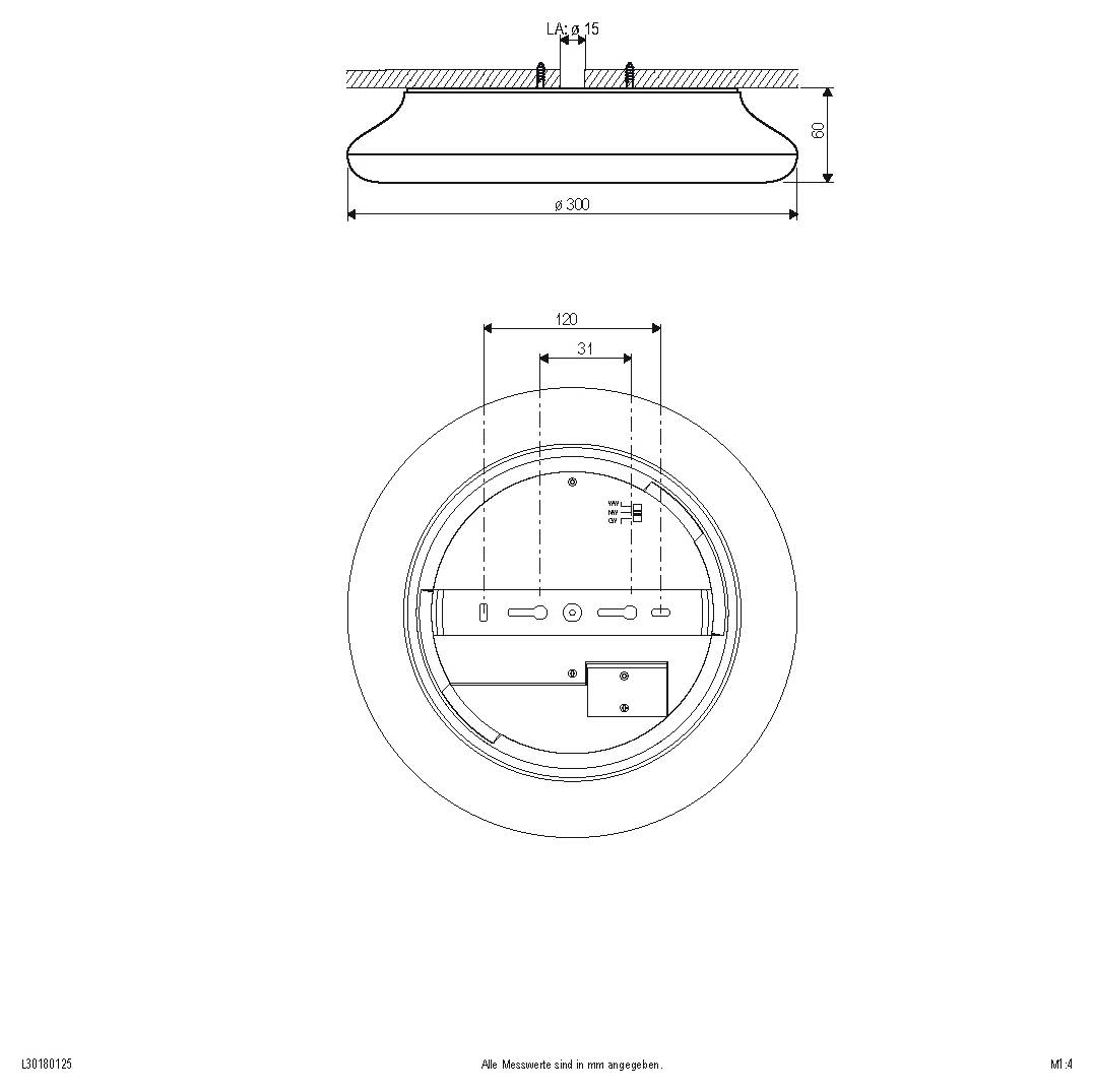 Technische Zeichnung mit Abmessungen eines rechteckigen LED-Flutlichts, Vorder- und Seitenansicht, mit Größenangaben und einstellbarem Montagewinkel von 270°.