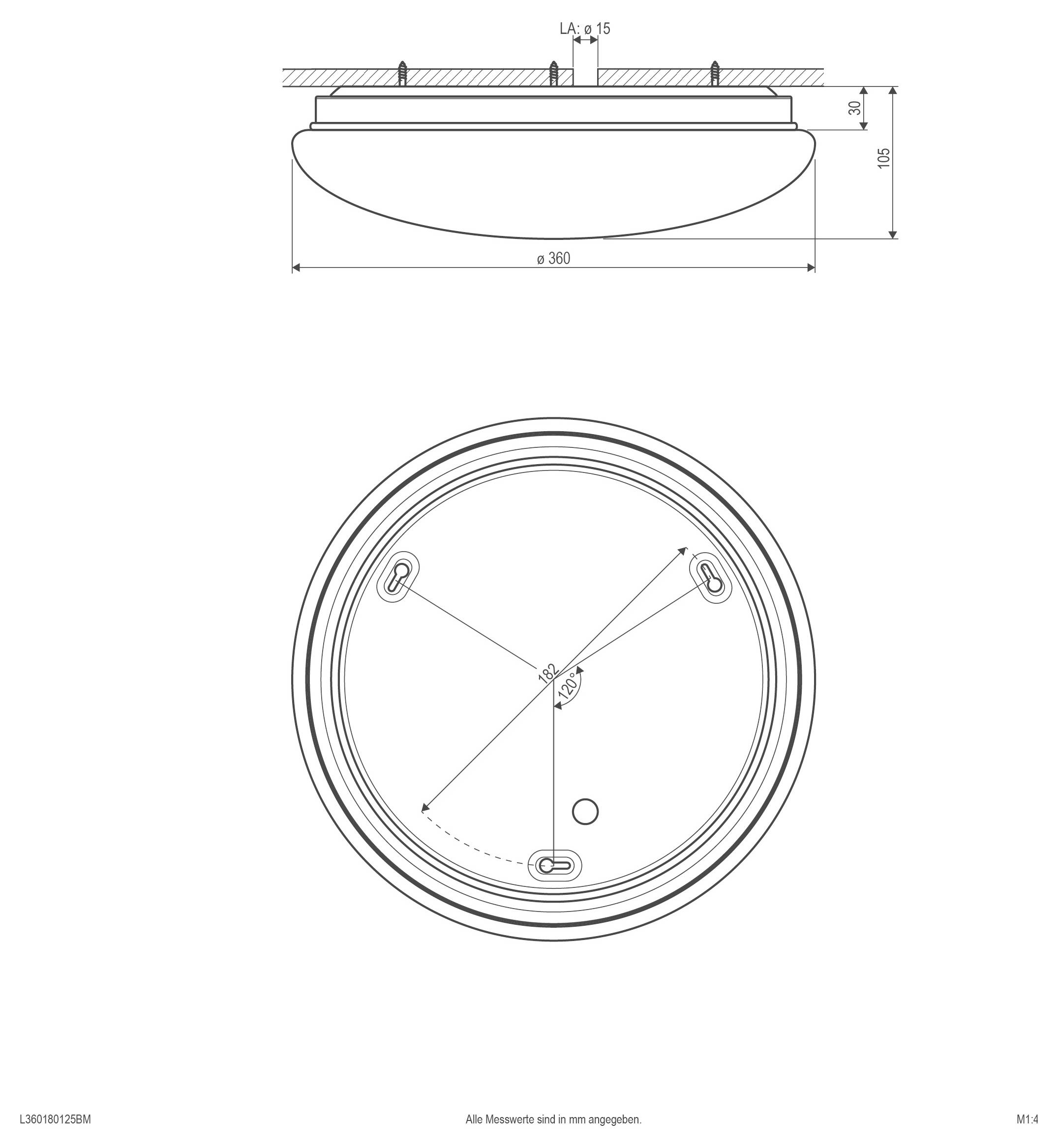 Technische Zeichnung einer runden Deckenleuchte mit Seiten- und Draufsicht sowie Abmessungen, einschließlich 360 mm Durchmesser und 105 mm Höhe.