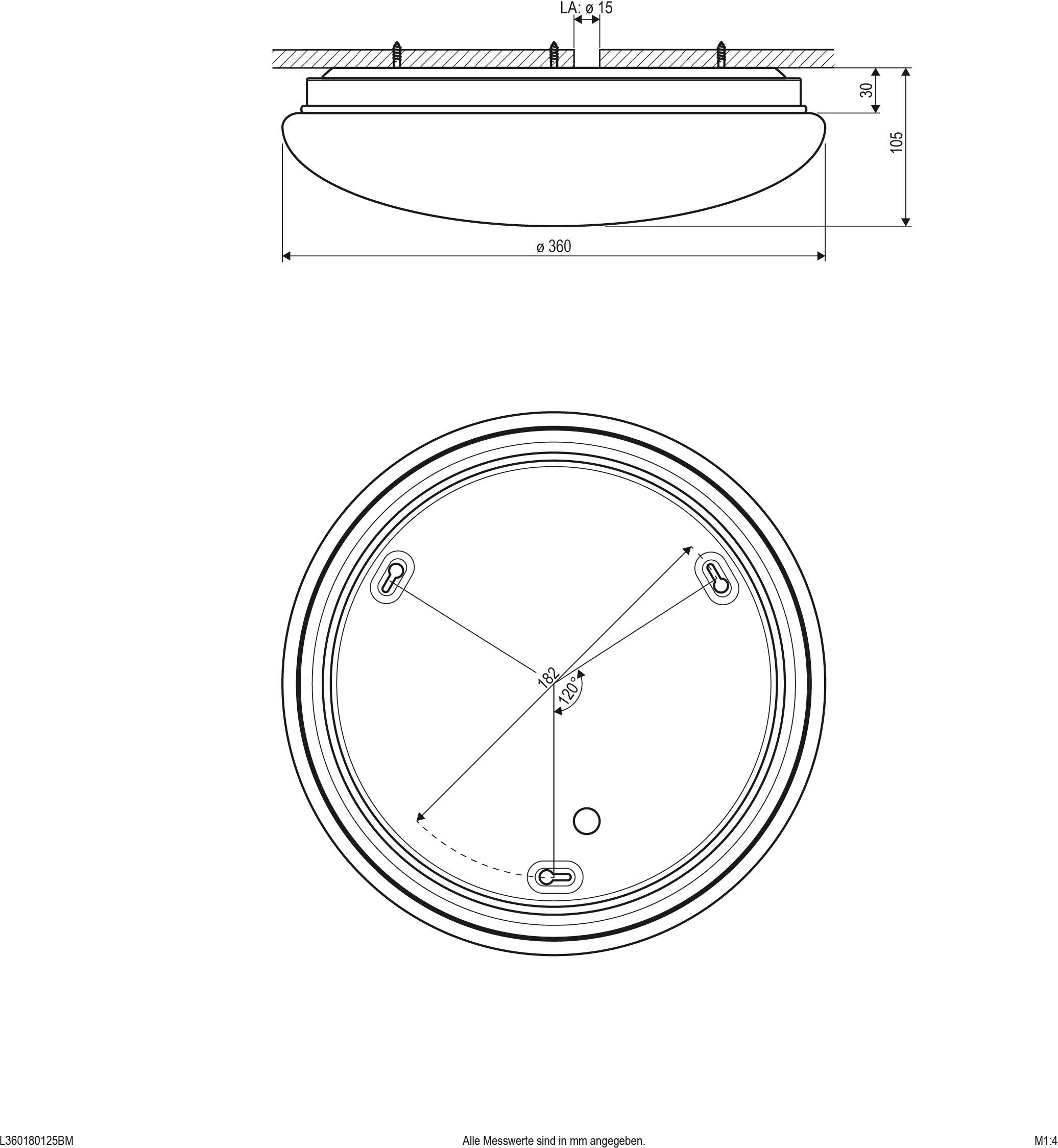 Technische Zeichnung einer runden Deckenleuchte mit Maßeinheiten in Millimetern. Zeigt Seiten- und Draufsicht mit Befestigungsdetails.