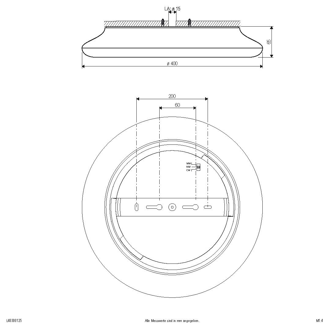 Technische Zeichnung einer runden Deckenleuchte mit Seiten- und Vorderansicht mit Abmessungen einschließlich 400 mm Durchmesser, 200 mm und 60 mm Abstand.