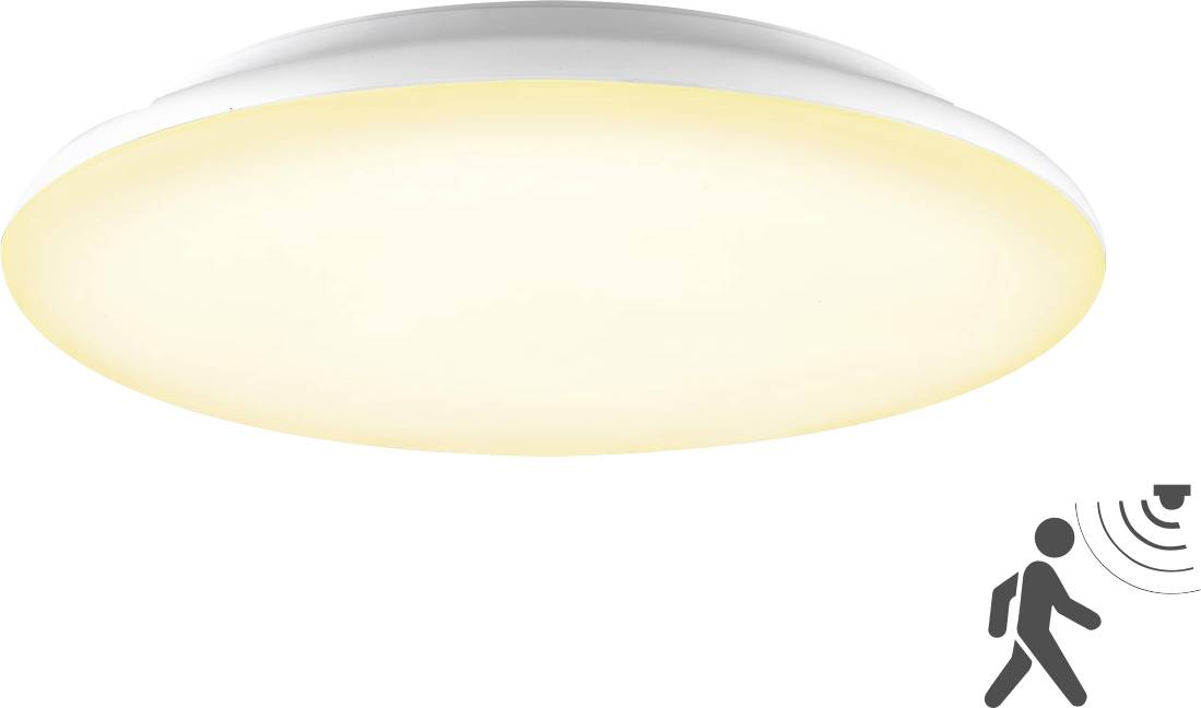 Symbol für Deckenlichtsensor mit einer Personensilhouette und Signalwellen unten rechts, das Bewegungs- oder Präsenzerkennung unter einem Überkopflicht anzeigt.