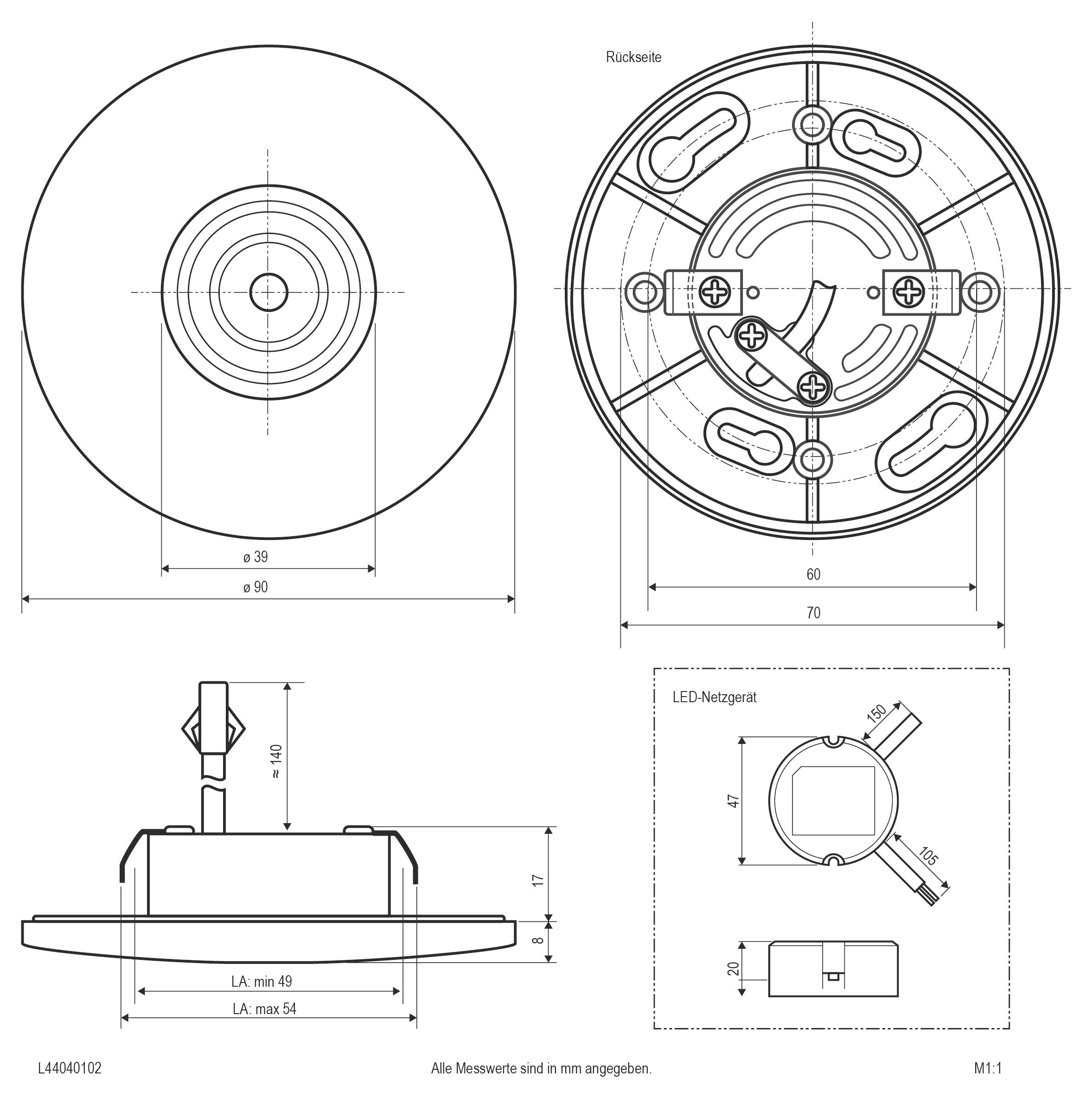 Technische Zeichnung einer kreisförmigen Deckenleuchte mit Vorder-, Rück-, Seiten- und Montagansichten, mit Abmessungen und LED-Stromversorgungslayout.