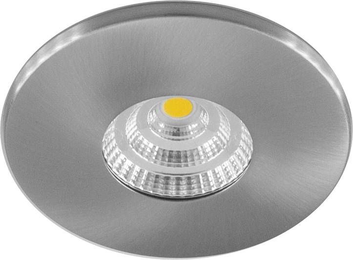 Kleine, runde LED-Deckeneinbauleuchte in silbernem Gehäuse mit gelbem LED-Chip in der Mitte, dient zur energieeffizienten Beleuchtung.