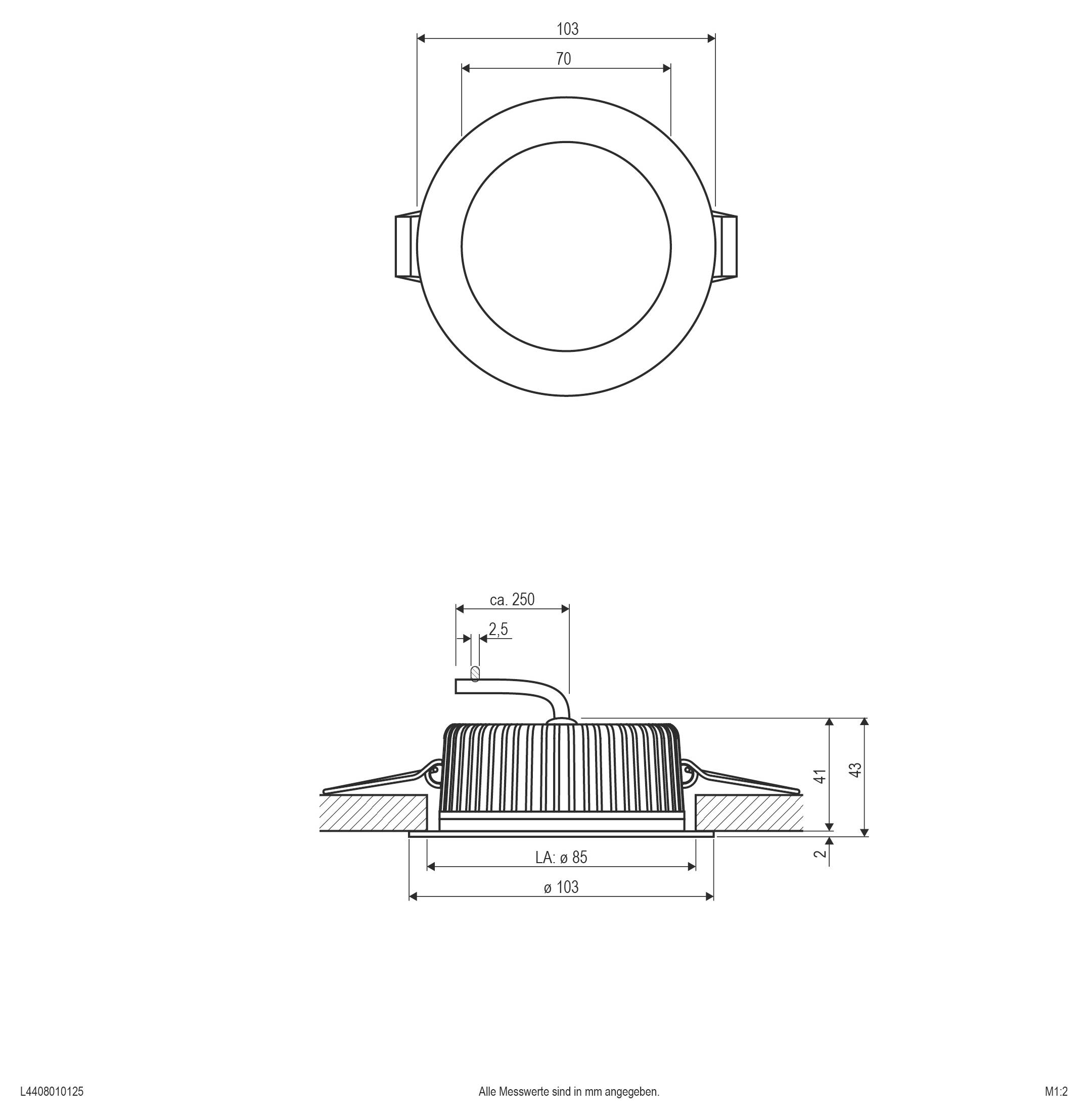 Technische Zeichnung einer runden, eingelassenen Leuchte mit Vorder- und Seitenansicht, die Abmessungen zeigt, darunter 103 mm Durchmesser, 85 mm Ausschnitt und 43 mm Höhe.