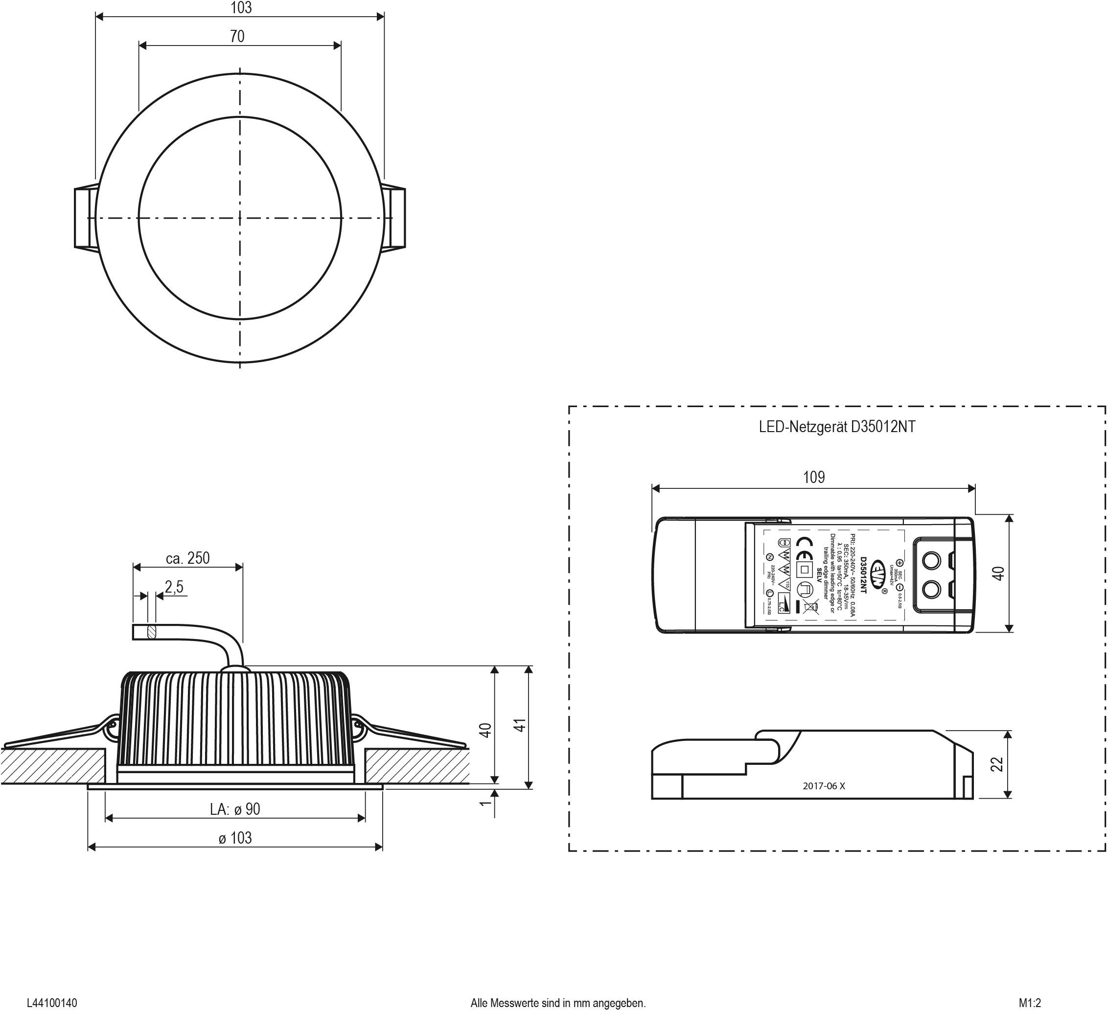 Technische Zeichnung eines LED-Einbaustrahlers mit Netzgerät. Maße und Spezifikationen in Millimeter angegeben. Kreisförmiges Design.