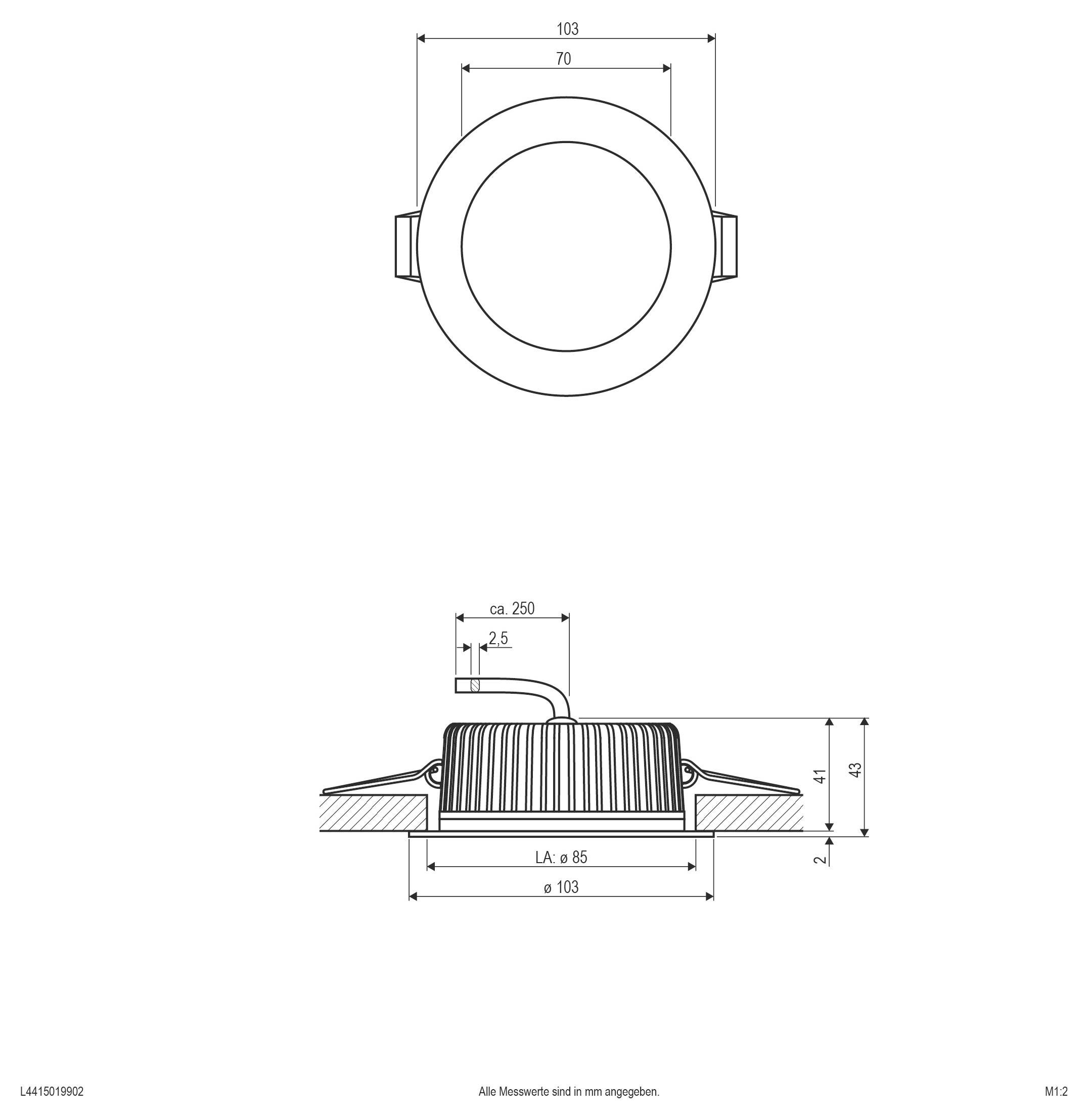 Technische Zeichnung einer runden, eingebauten Leuchte mit Ansichten von oben und von der Seite mit Abmessungen einschließlich Durchmesser von 103 mm und Höhe von 43 mm.