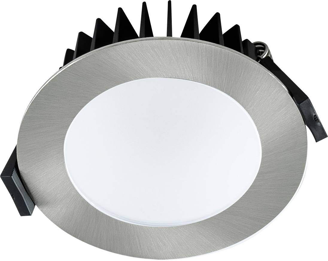 Runder, silberner LED-Downlight mit Kühlrippen. Geeignet für Einbau in Decken, sorgt für energieeffiziente Beleuchtung.
