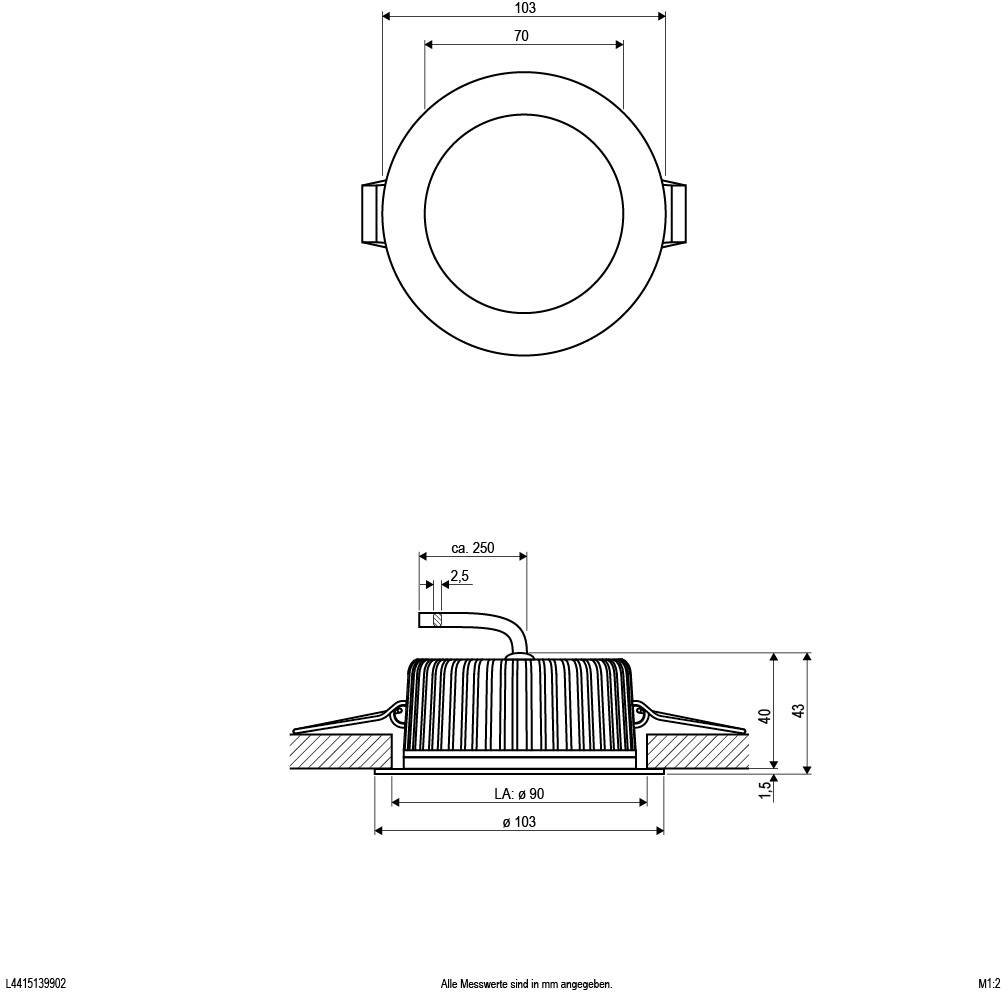Zeichnung einer Leuchte mit Maßen. Oben: Ansicht von oben mit einem Gesamtdurchmesser von 103 mm. Unten: Seitenansicht mit einer Höhe von 45 mm und einem Einbauausschnitt von 90 mm. Alle Maße in mm.