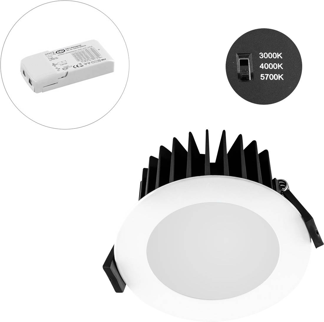 Runde LED-Downlight-Lampe mit drei Farbtemperaturoptionen: 3000K, 4000K und 5700K. Schwarz-weißer Kühlkörper und Treibereinheit.