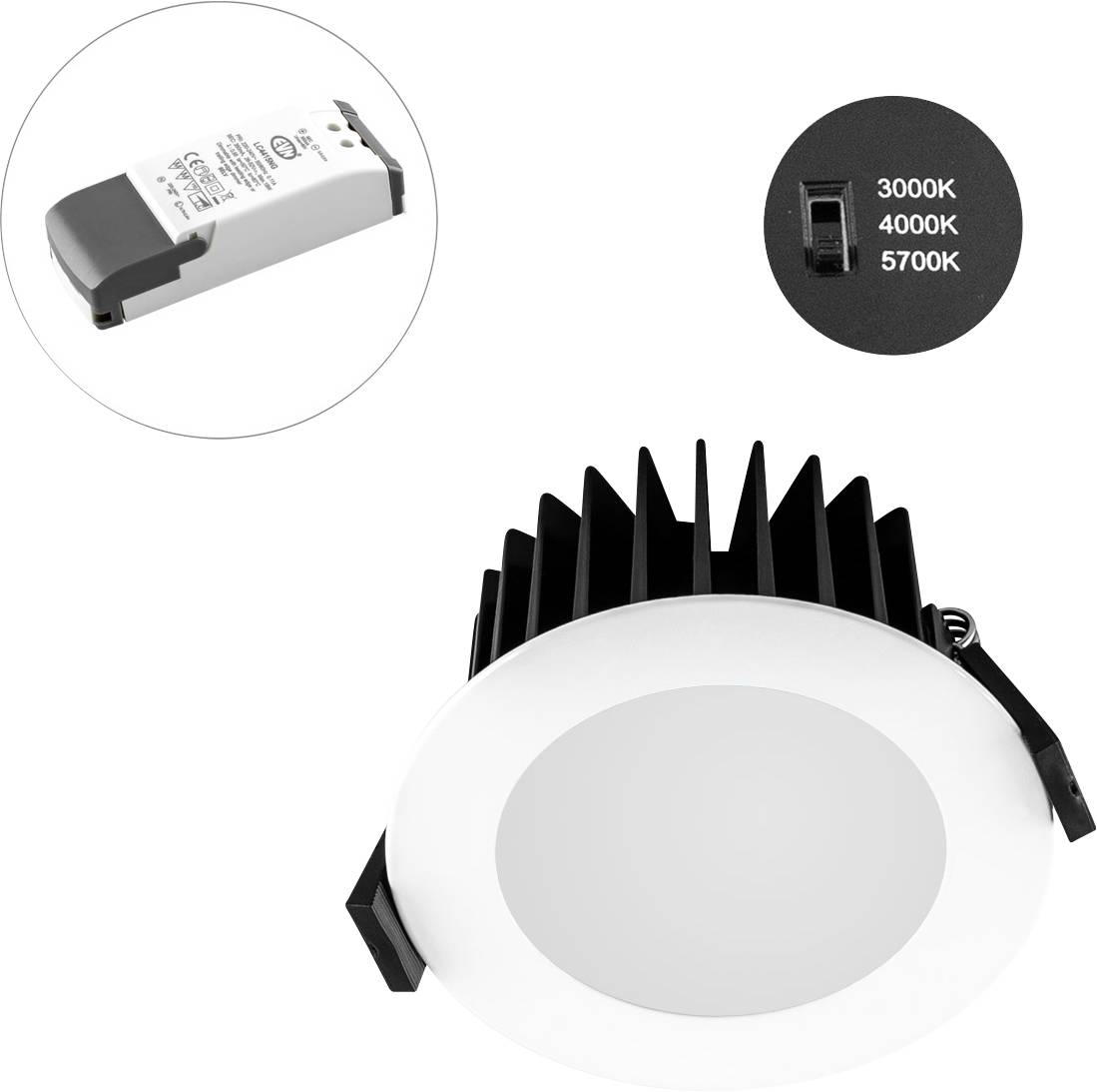 LED-Downlight mit Kühlkörper, Farbtemperatur-Wahlschalter (3000K, 4000K, 5700K) und separatem Netzteil. Ideal für vielseitige Beleuchtung.