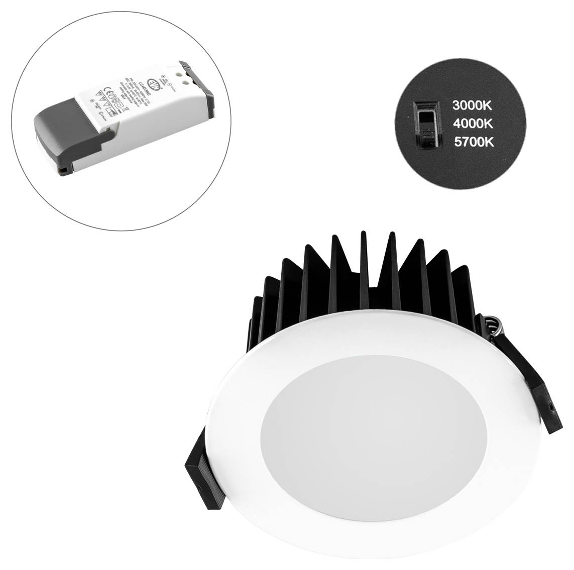 Rundes, flach eingelassenes LED-Einbauleuchte mit separatem Treiber und Schalter für 3000K, 4000K oder 5700K Farbtemperatur.