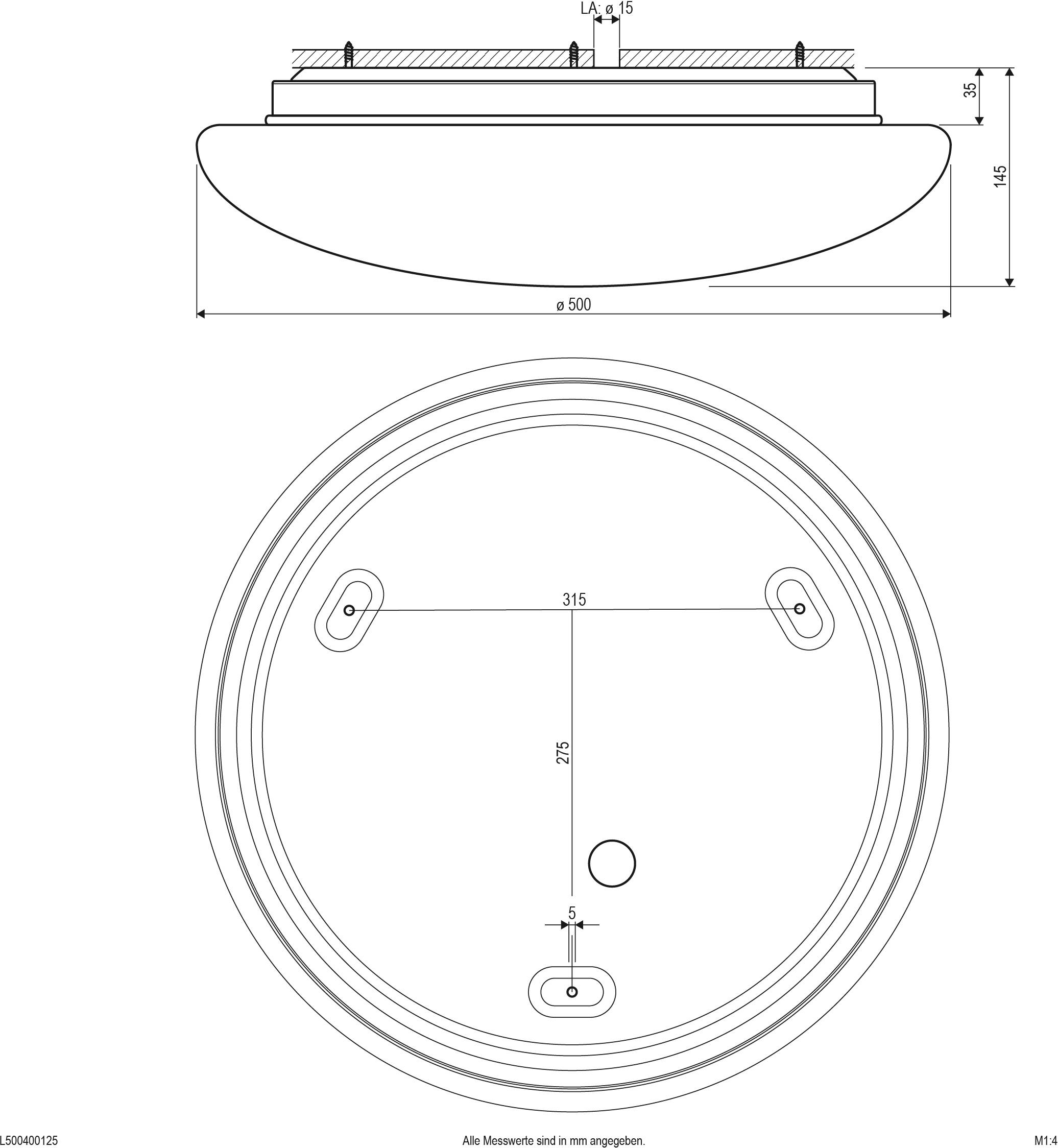 Zeichnung einer runden Deckenleuchte mit technischen Maßen: Durchmesser 500 mm, Höhe 145 mm, drei Befestigungspunkte.