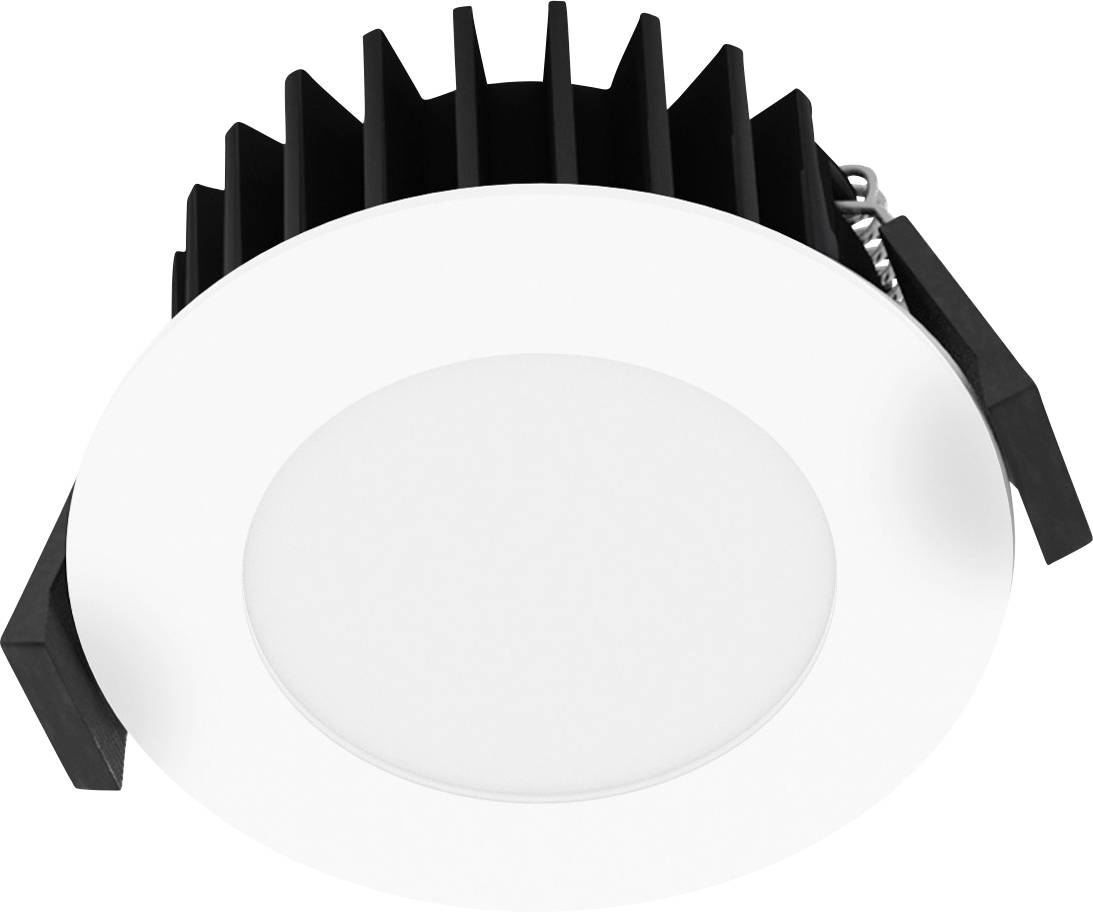 Weiße runde eingelassene LED-Deckenleuchte mit schwarzem Kühlkörper und Federclips auf einfachem Hintergrund