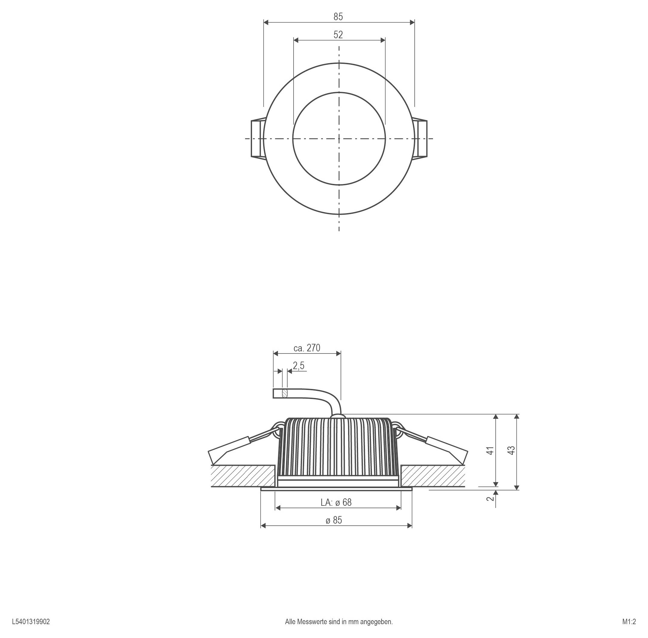 Technische Zeichnung einer runden, eingelassenen Leuchte mit Draufsicht und Seitenansicht, die Abmessungen in Millimetern und eine Ausschnitt-/Einbauhöhe von etwa 41–43 mm zeigt.