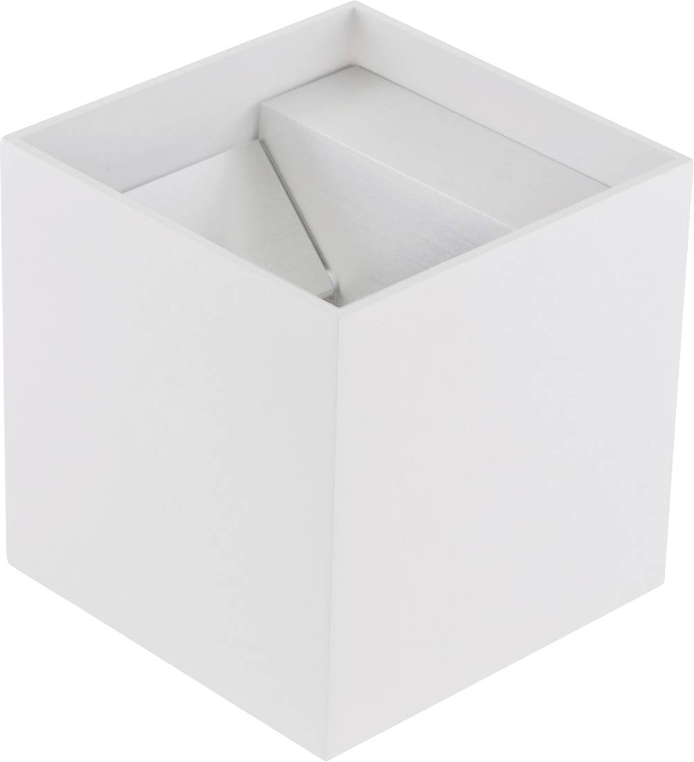 Weißer quadratischer Abfallbehälter mit offener Oberseite und dreieckigem inneren Einsatz, gezeigt vor neutralem Hintergrund.
