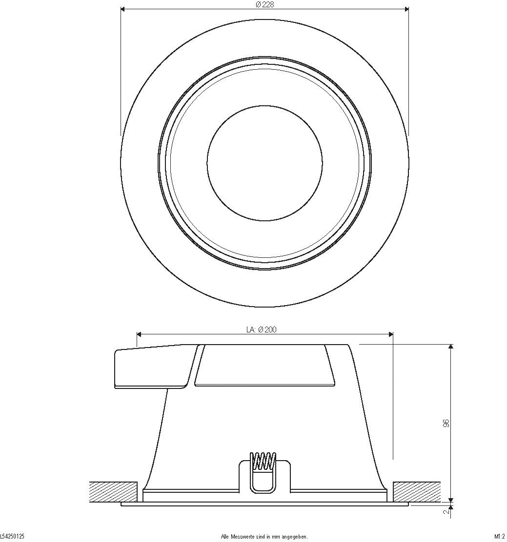 Zeichnung eines runden Lüftungskanals in Draufsicht und Seitenansicht. Der Durchmesser beträgt 228 mm, die Höhe ist nicht angegeben.