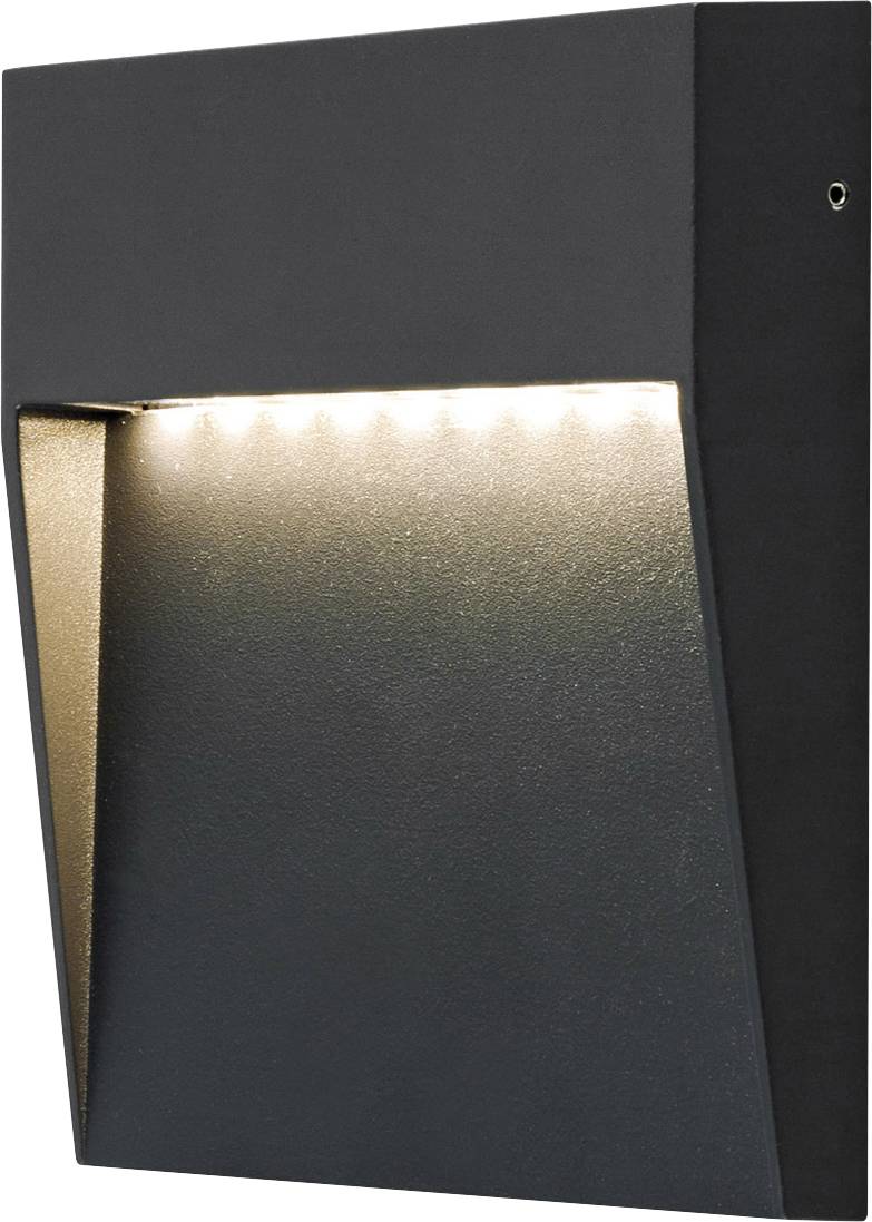 Schwarze Wandleuchte mit nach oben gerichtetem Lichtschein, zeigt eine moderne rechteckige Metallarmaturen gegen einen dunklen Hintergrund.