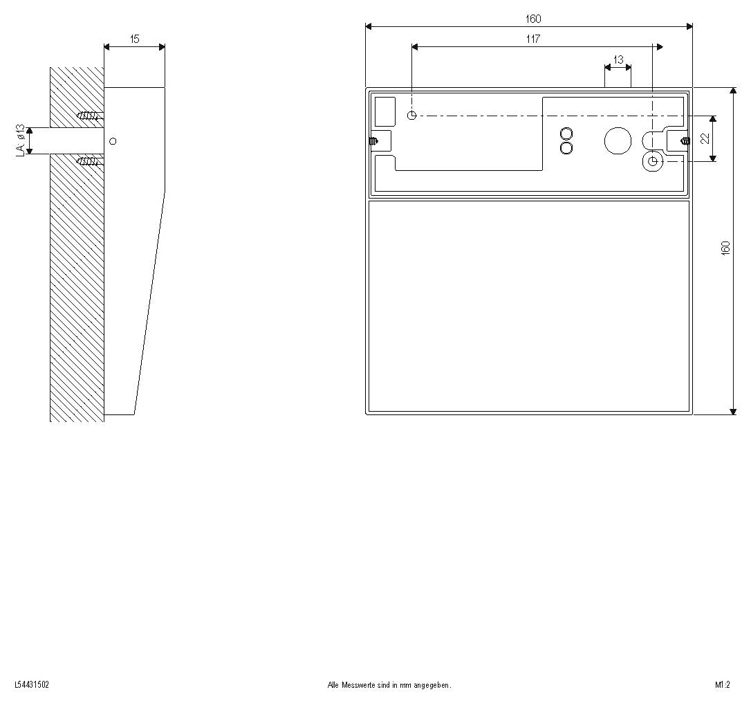 Technische Maßstabzeichnung eines wandmontierten rechteckigen Geräts, dargestellt in Seiten- und Vorderansicht mit Abmessungen und Montagedetails.