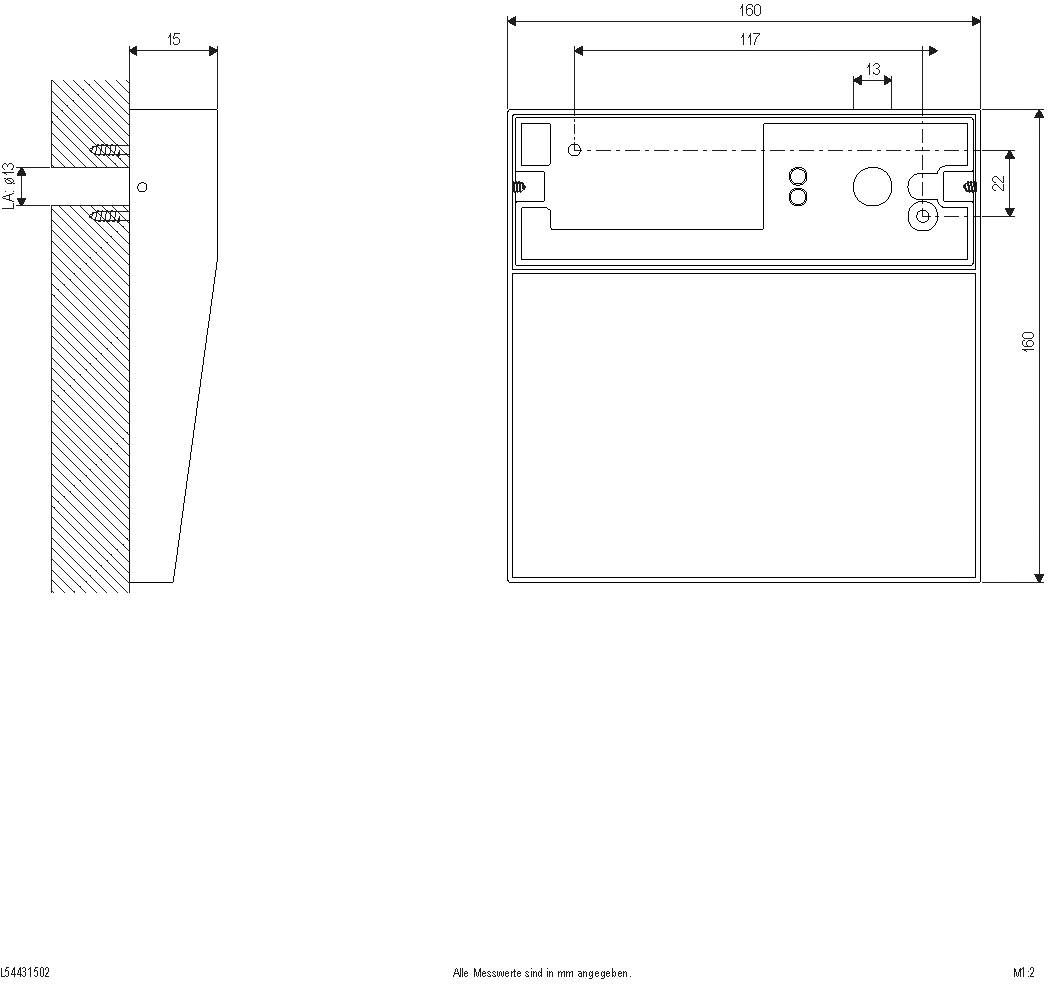 Technische Zeichnung eines Wandprofils mit genauen Abmessungen. Zeigt Aufriss und Seitenschnitt mit Maßangaben und Montagehinweisen.