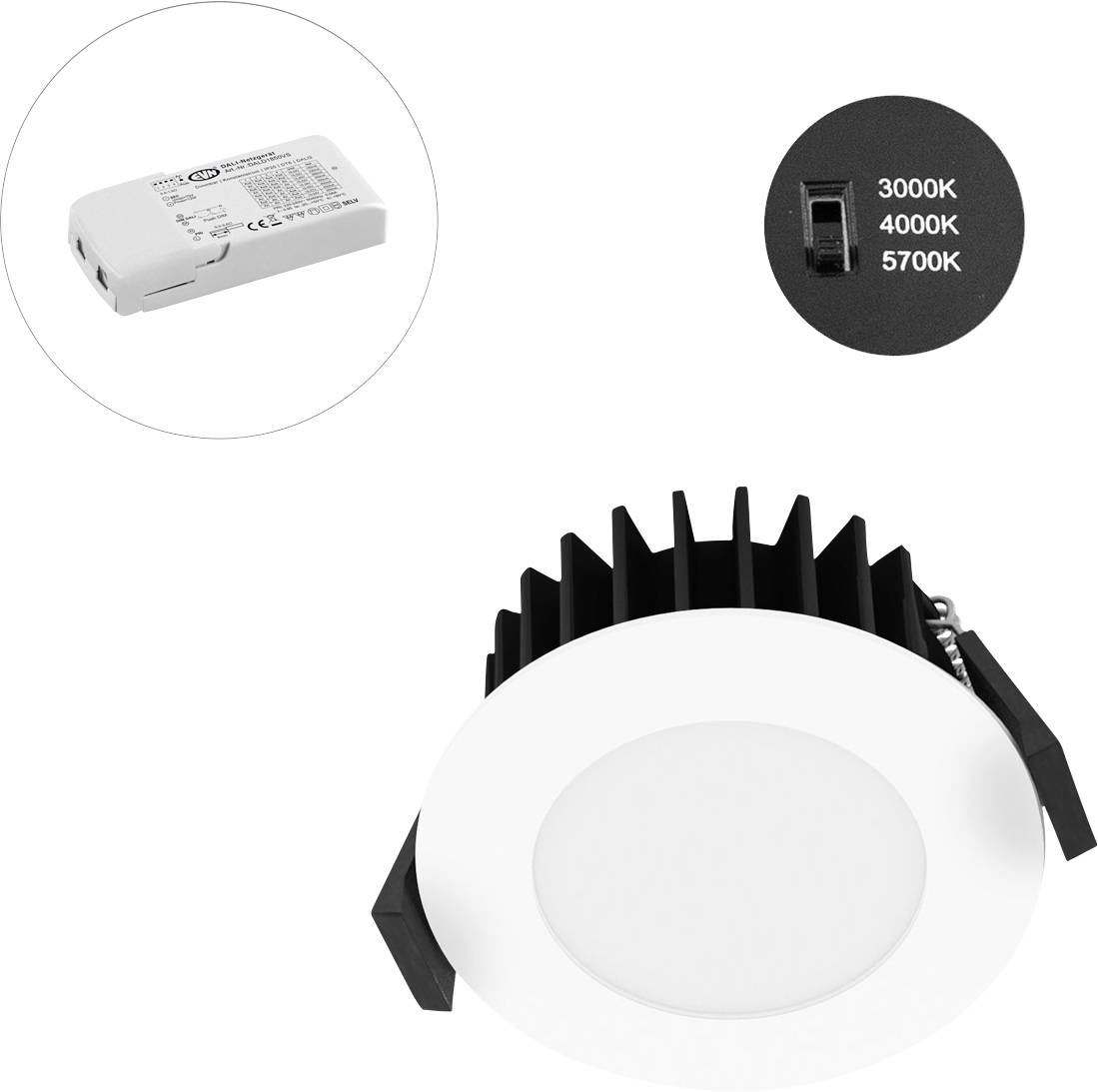 Eingebauter LED-Einbaustrahler mit schwarzem Wärmespeicher, gezeigt mit Treiber und einem Farbtemperatur-Wahlschalter für 3000K/4000K/5700K.