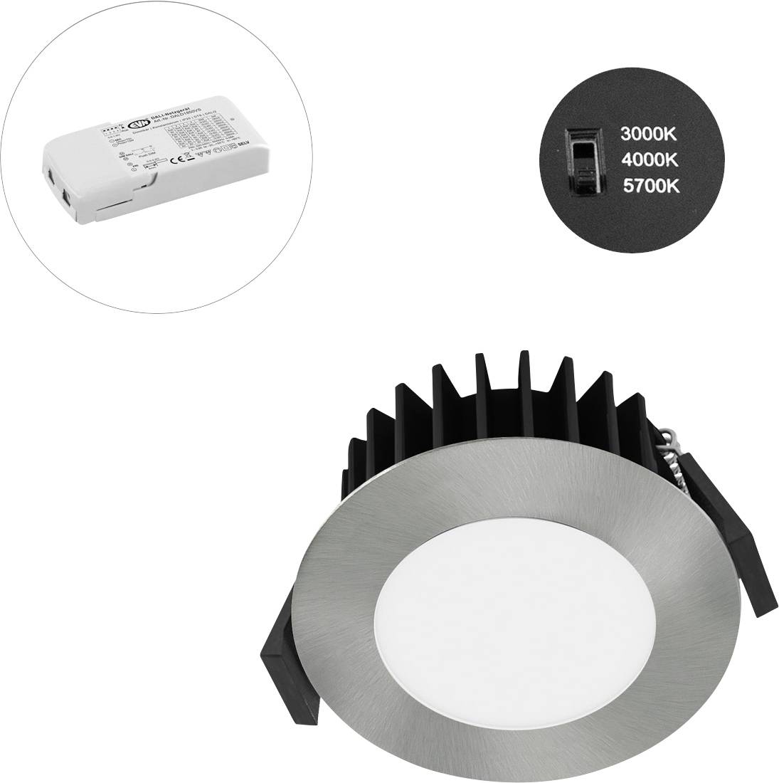 Runde LED-Einbauleuchte mit schwarzem Kühlkörper und gebürstetem silbernem Rahmen, sowie separatem Treiber und Farbtemperatur-Schalter 3000K/4000K/5700K.