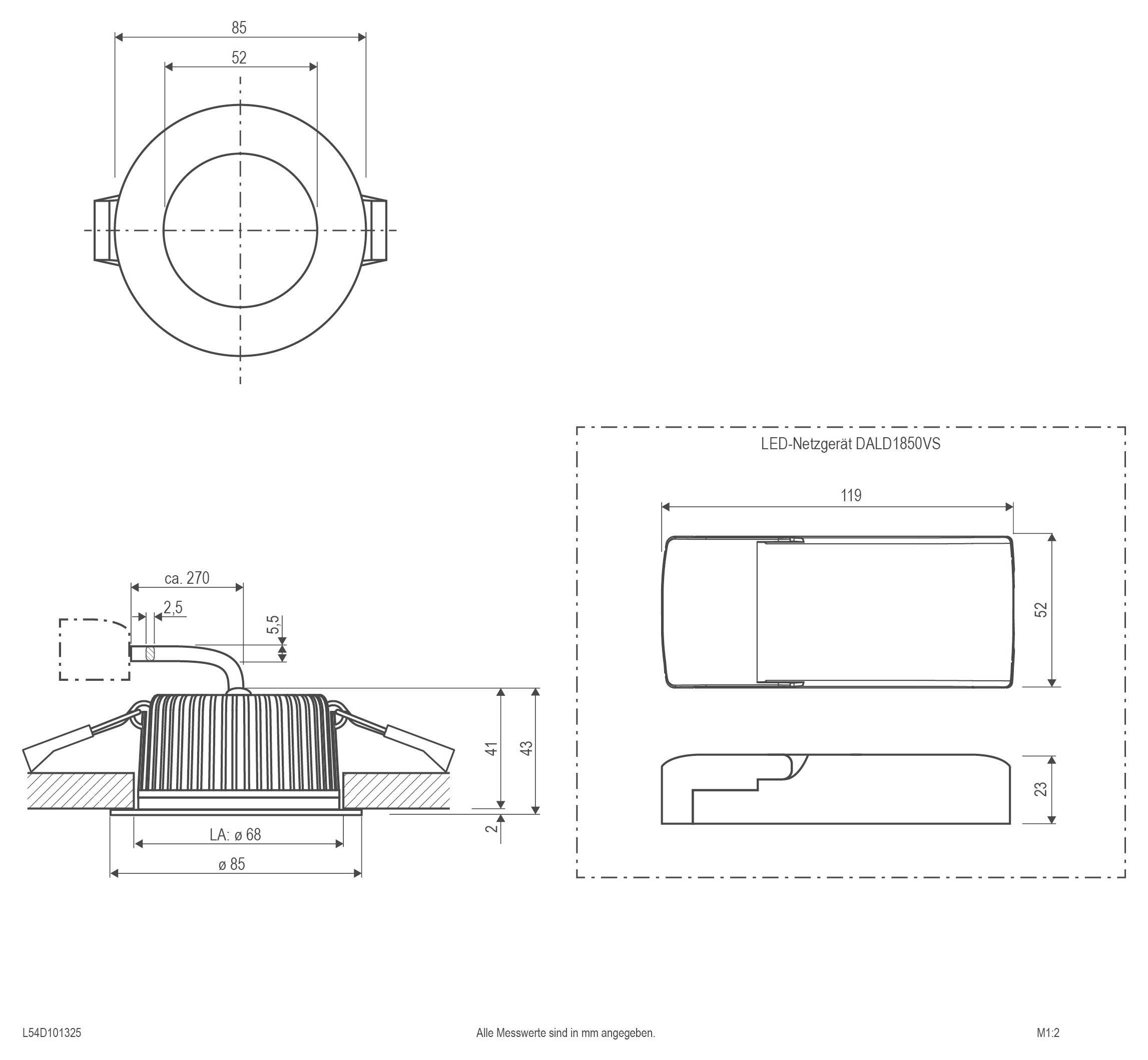 Technische Zeichnung eines quadratischen Panels/Rahmens mit äußeren und inneren quadratischen Abmessungen, plus Seitenquerschnitt mit Montageelementen und gekennzeichneten Messwerten.