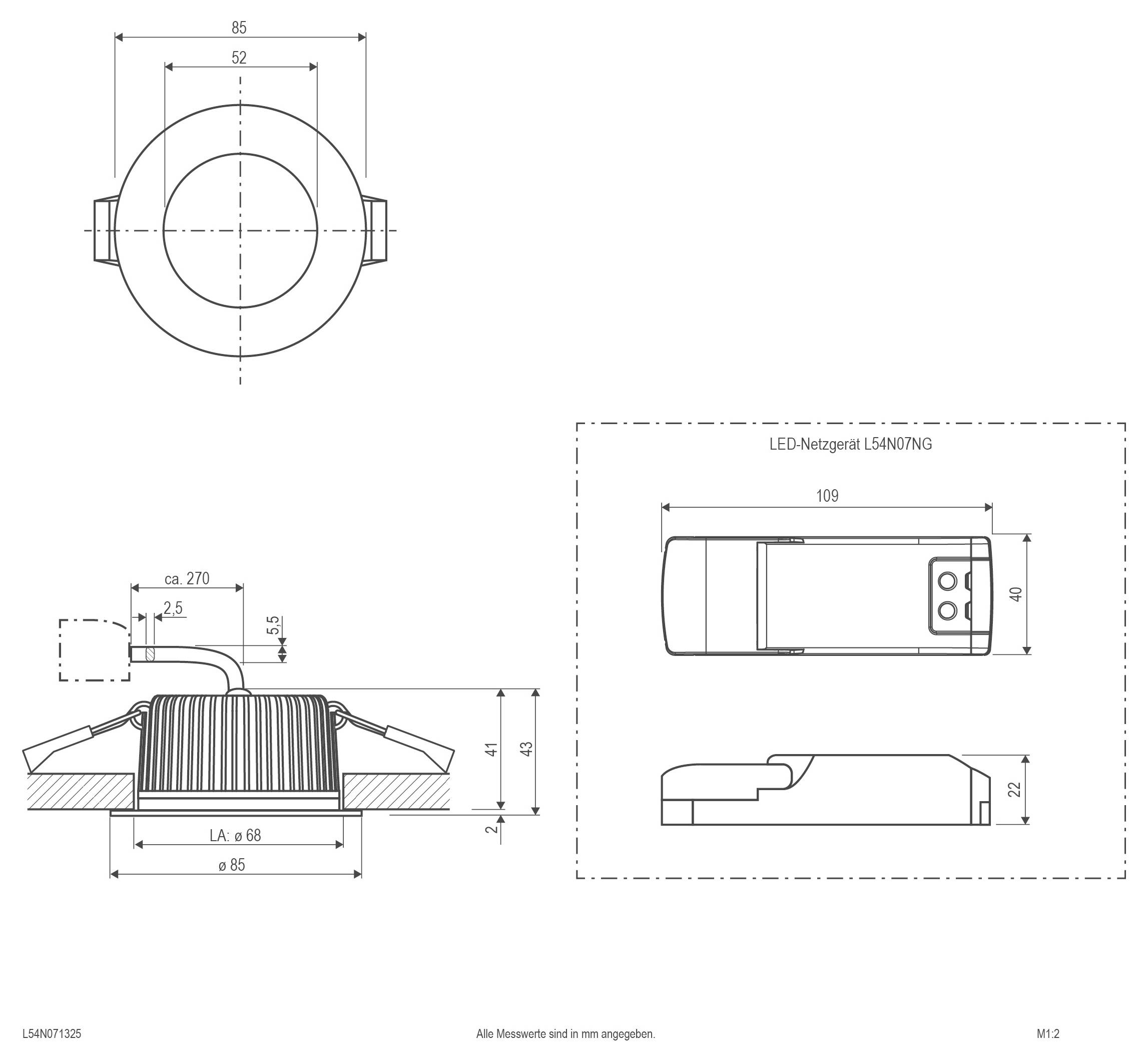 Technische Zeichnung eines LED-Strahlers mit Draufsicht, Seitenansicht und Vorderansicht mit Abmessungen, einschließlich 85 mm Durchmesser und 109 mm Länge.