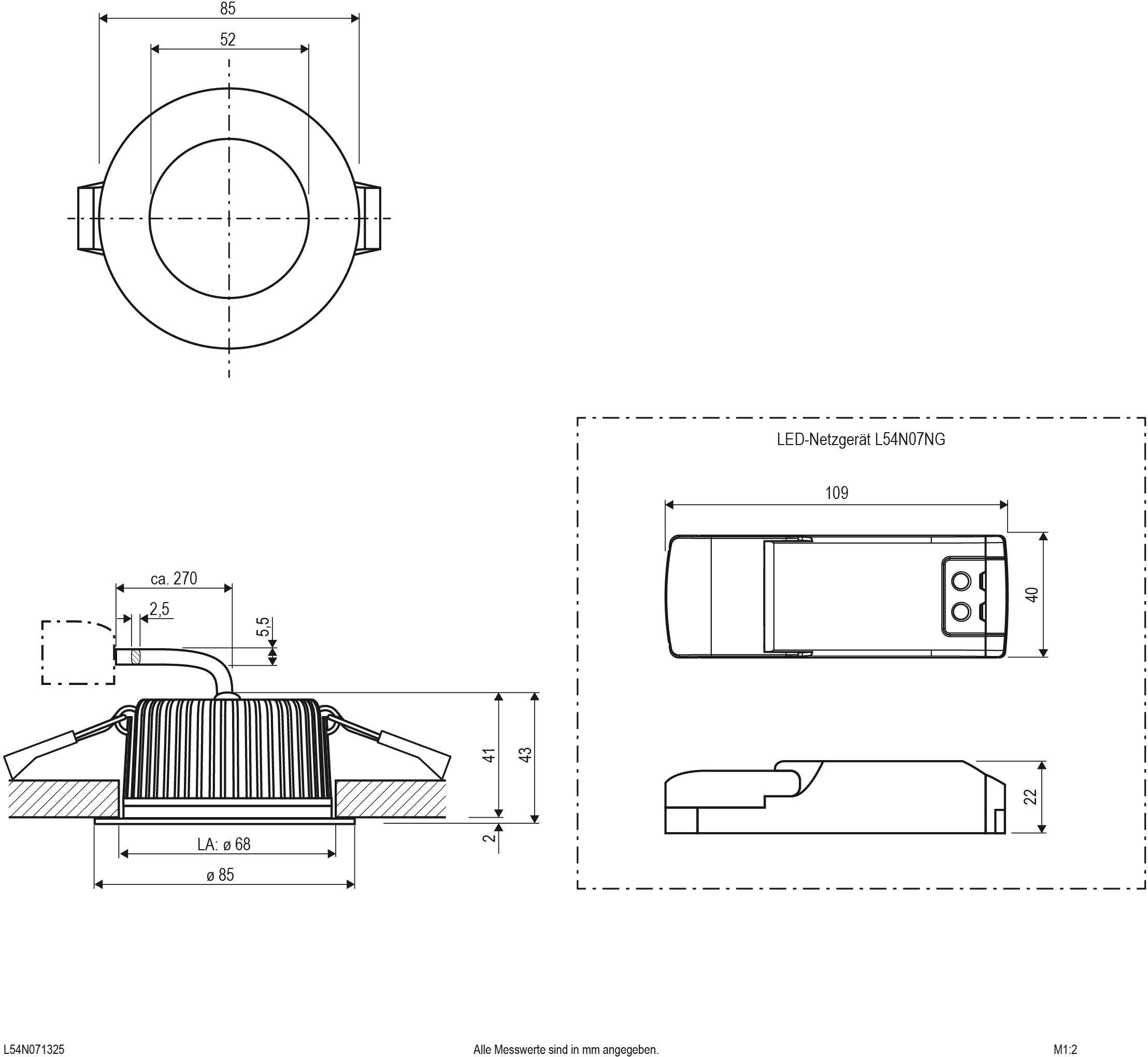 Technische Zeichnung einer runden LED-Leuchte mit Maßen und Seitenansicht. Enthält Details zur Größe und Form des Netzgeräts.