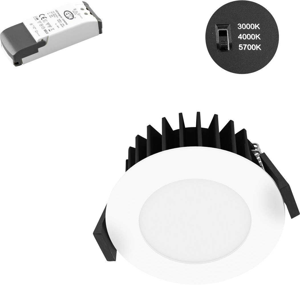Runde LED-Einbauleuchte mit schwarzem Kühlkörper und weißem Rahmen. Drei Farbtemperaturoptionen (3000K, 4000K, 5700K) einstellbar. Inklusive Treiber für Stromversorgung.