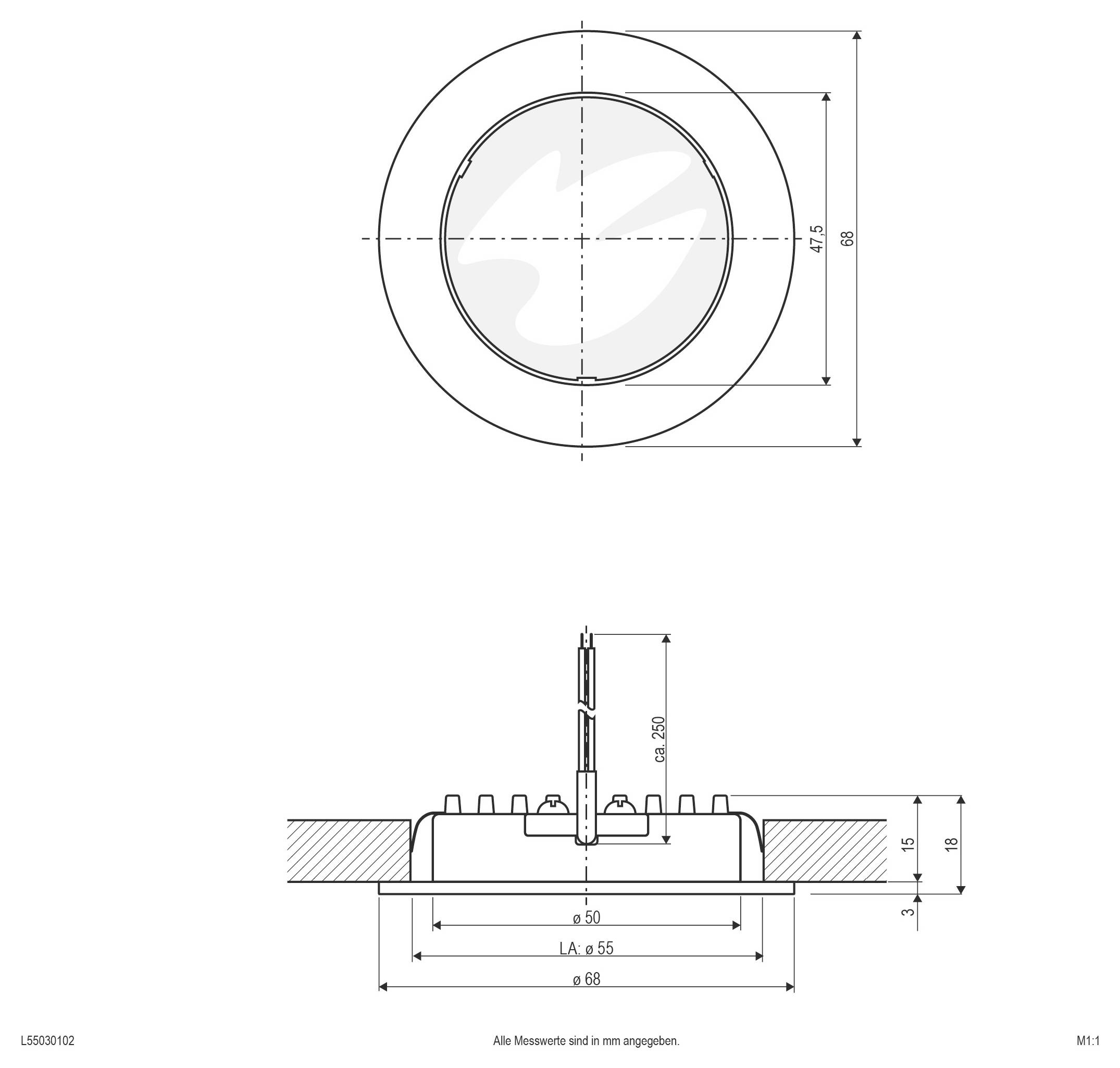 Technische Zeichnung einer runden Deckenleuchte mit Draufsicht und Seitenansicht mit Abmessungen in Millimetern, einschließlich eines Außendurchmessers von 68 mm und einer inneren Öffnung von 47,5 mm.