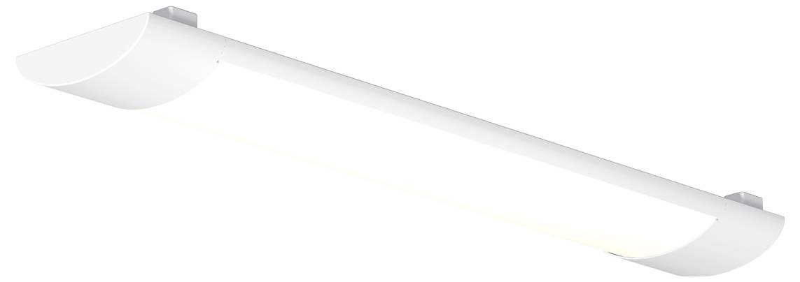 Eine lange weiße LED-Deckenleuchte mit abgerundeten Endkappen, gezeigt vor einem einfachen Hintergrund.