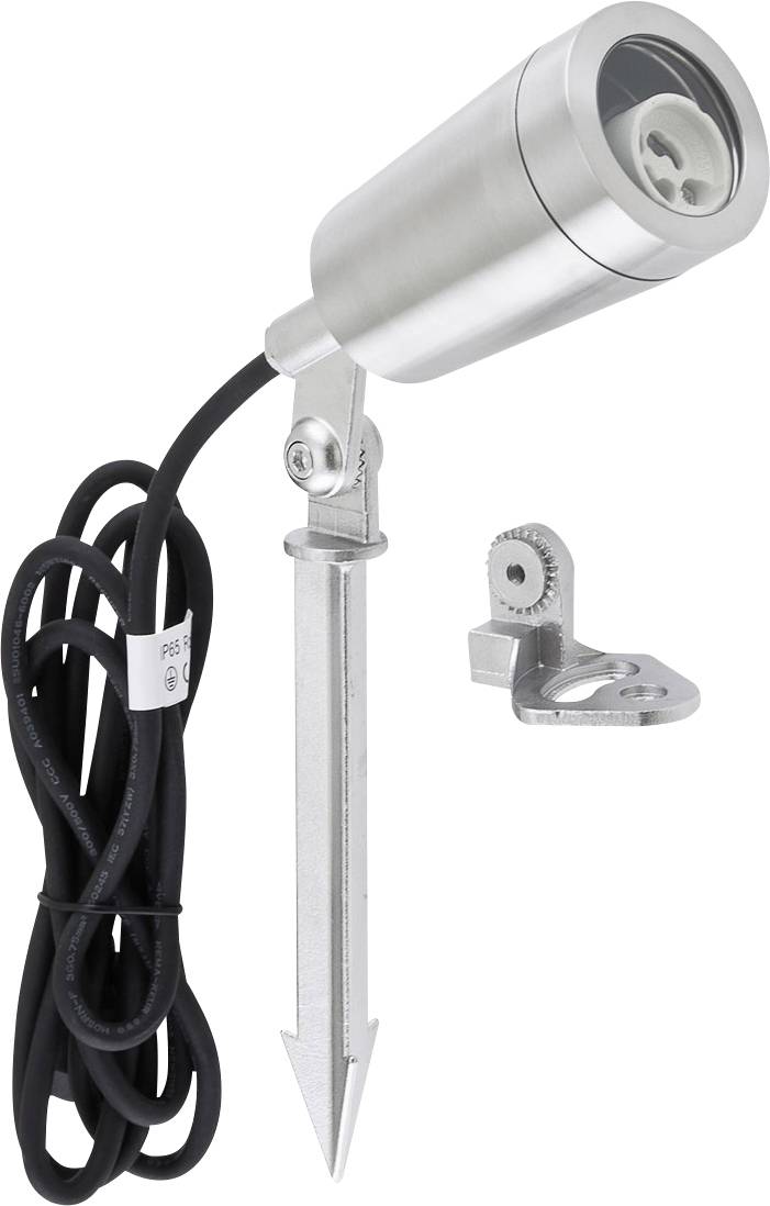 Außenstrahler aus Edelstahl mit Erdspieß und Kabelanschluss. Enthält auch eine Montagehalterung. Ideal für Gartenbeleuchtung.