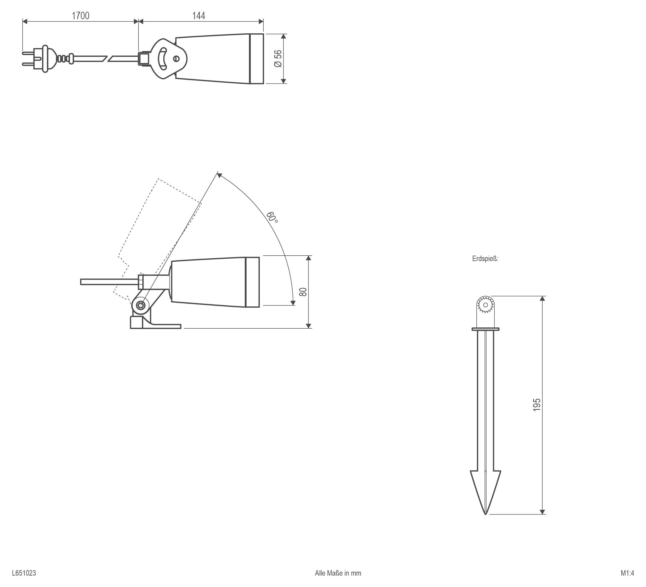 Technische Maßzeichnung einer runden elektrischen Wandsteckdose, dargestellt in Seiten- und Vorderansicht mit Abmessungen in Millimetern.