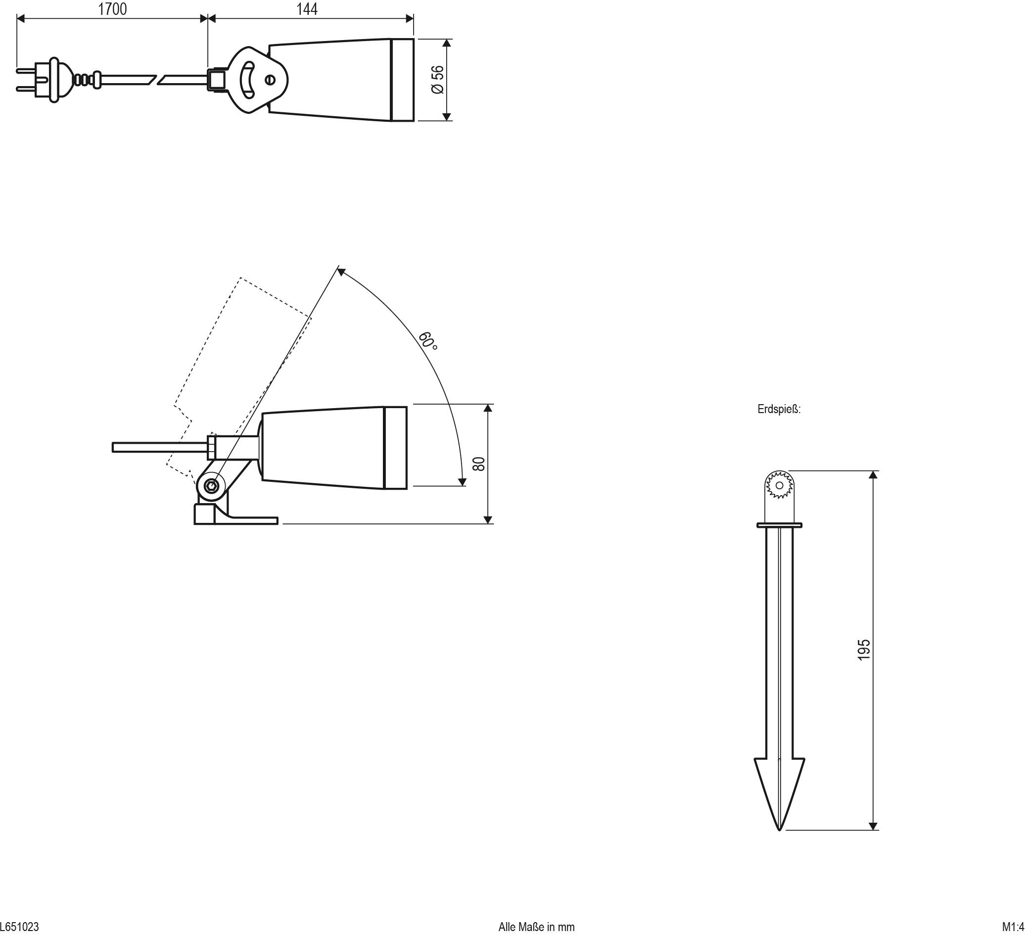 Technische Zeichnung eines Erdspießes und einer Beleuchtungseinheit, zeigt Maße und Winkel, die Einheit ist 195 mm hoch.
