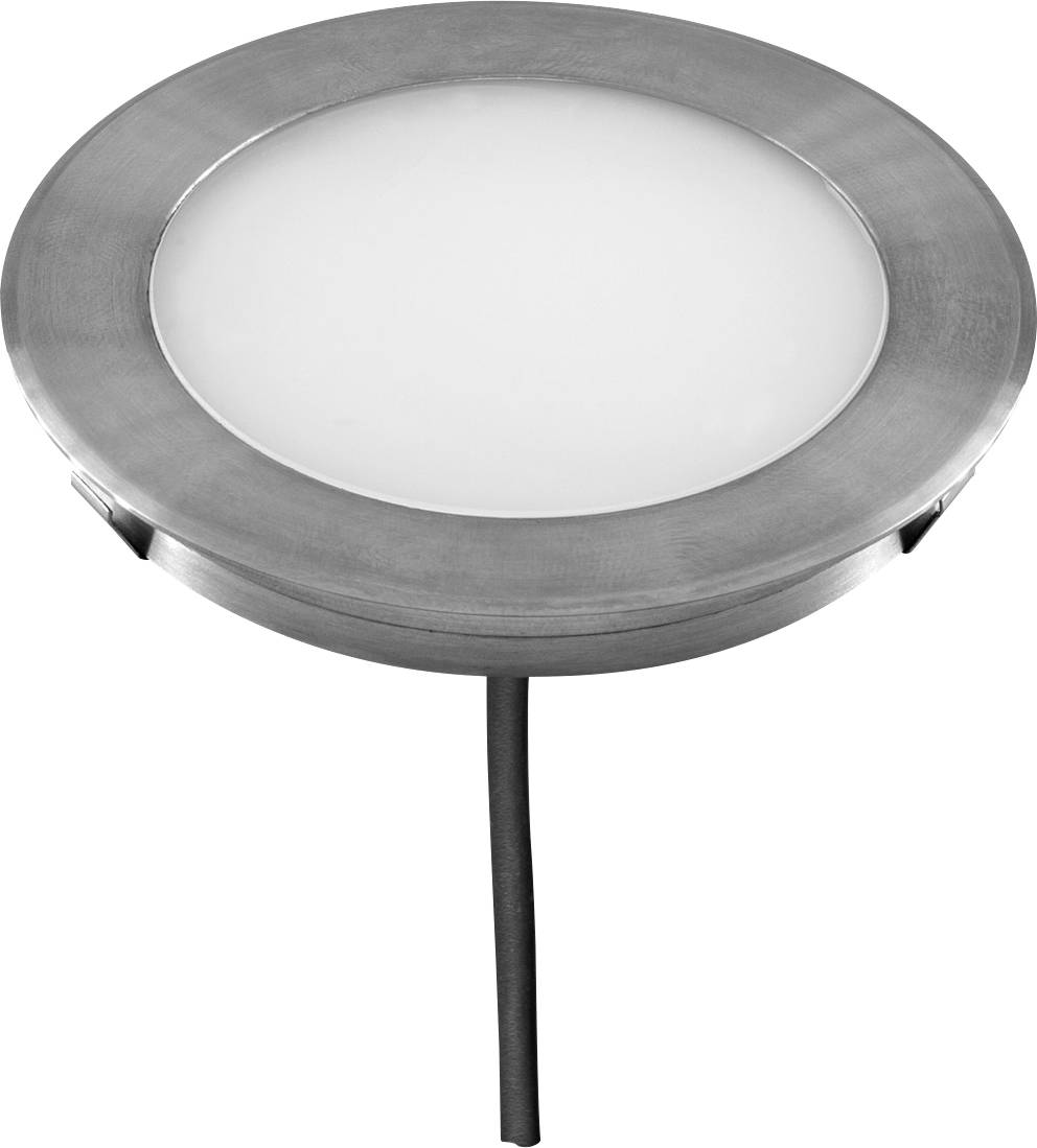 Runde Metallleuchte mit transparentem Mittelteil und Kabel, geeignet für Bodeneinbau.