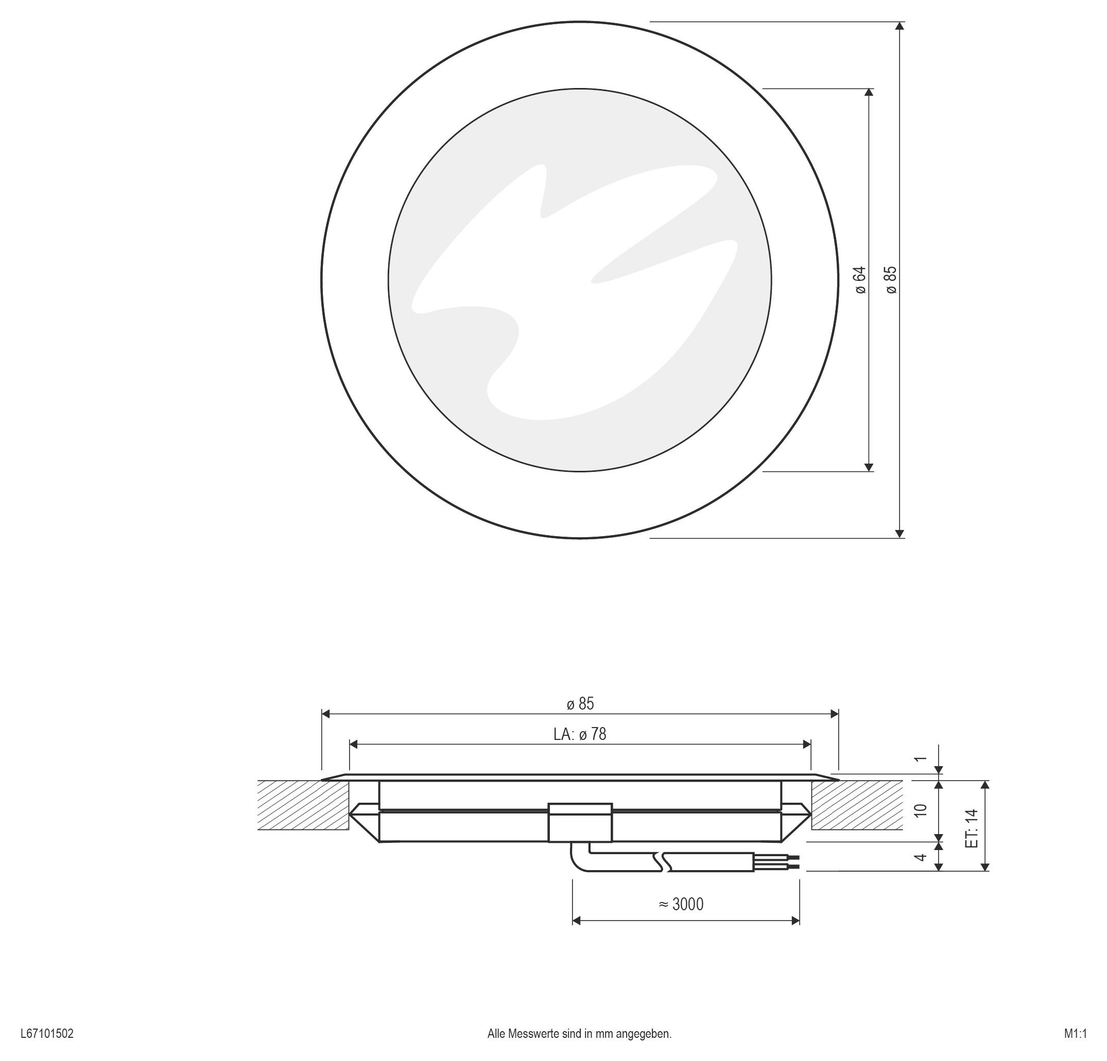 Technische Zeichnung einer runden Einbauleuchte, dargestellt in Draufsicht und Seitenansicht mit den Abmessungen Ø64/Ø65, Ø85 und ca. 3000 Kabellänge.