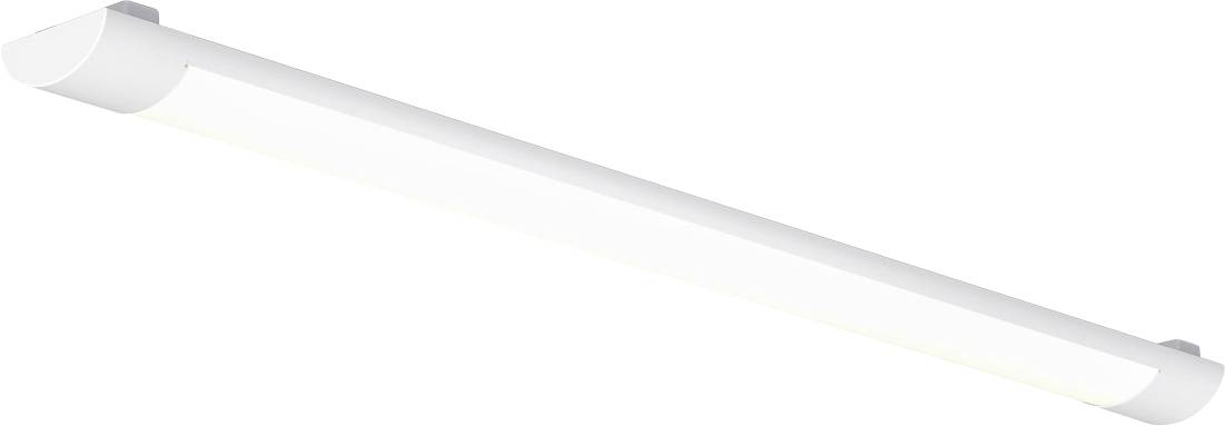 Eine schlanke weiße Leuchtstoffröhren-Leuchte horizontal auf einem schlichten weißen Hintergrund montiert.
