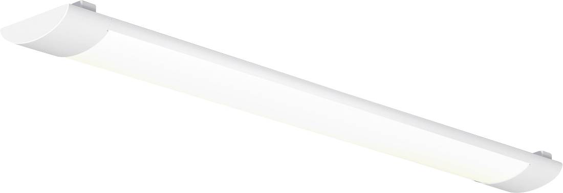 Ein lange weiße Deckenleuchte mit einer leuchtenden Röhre, schräg vor einem einfachen Hintergrund dargestellt.