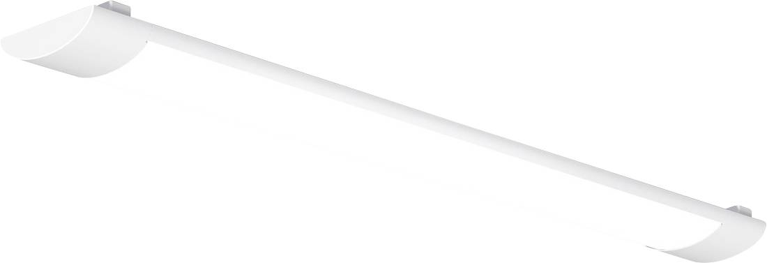 Minimale weiße lineare Leuchte mit einem langen horizontalen Rohr und gekrümmten Endkappen, dargestellt auf einem einfachen Hintergrund.
