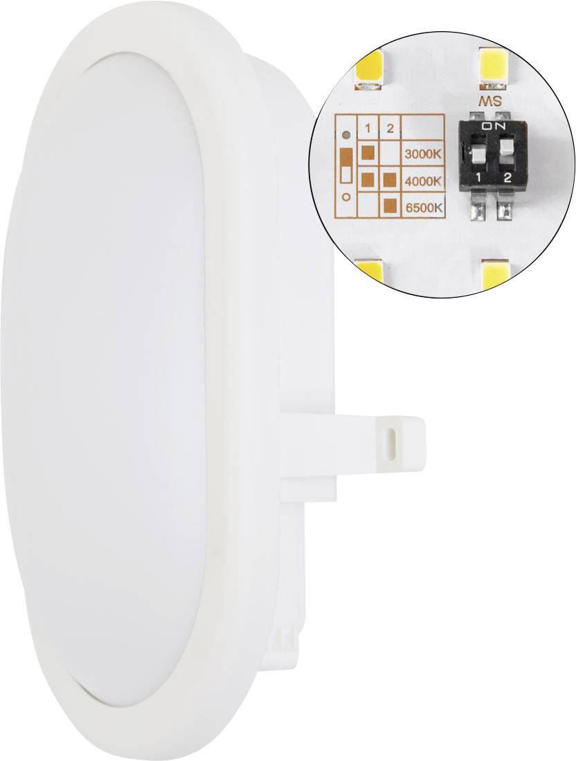 Weiße ovale LED-Leuchte mit detaillierter Nahaufnahme eines Schalters, der drei Farbtemperaturen (3000K, 4000K, 6500K) zeigt.