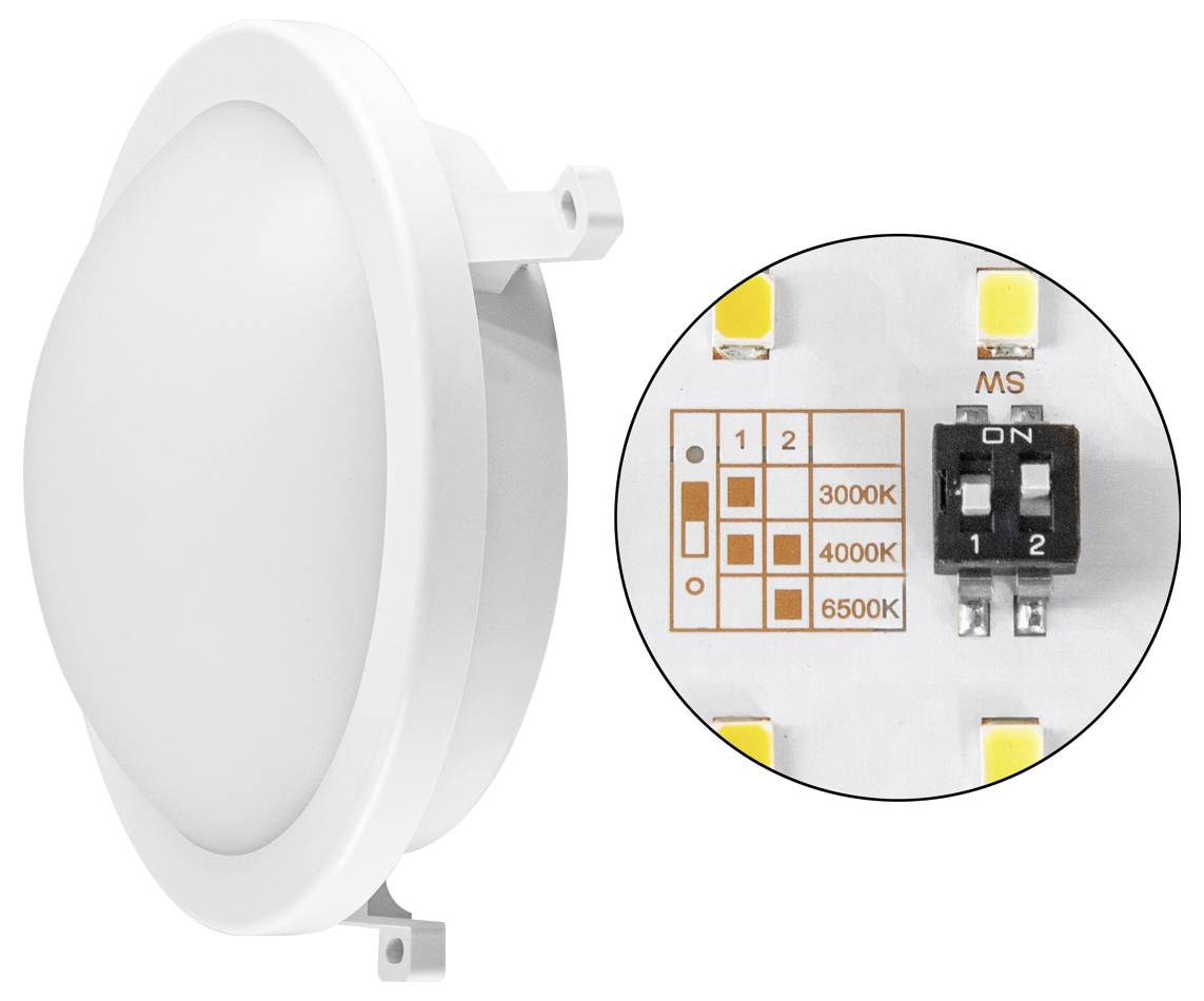 Weiße, bündig eingebaute LED-Downlight mit seitlichen Montageklammern; die Detailansicht zeigt einen 2-Positionen-Schalter und ein Farbtemperaturdiagramm für 3000K, 4000K und 6500K.