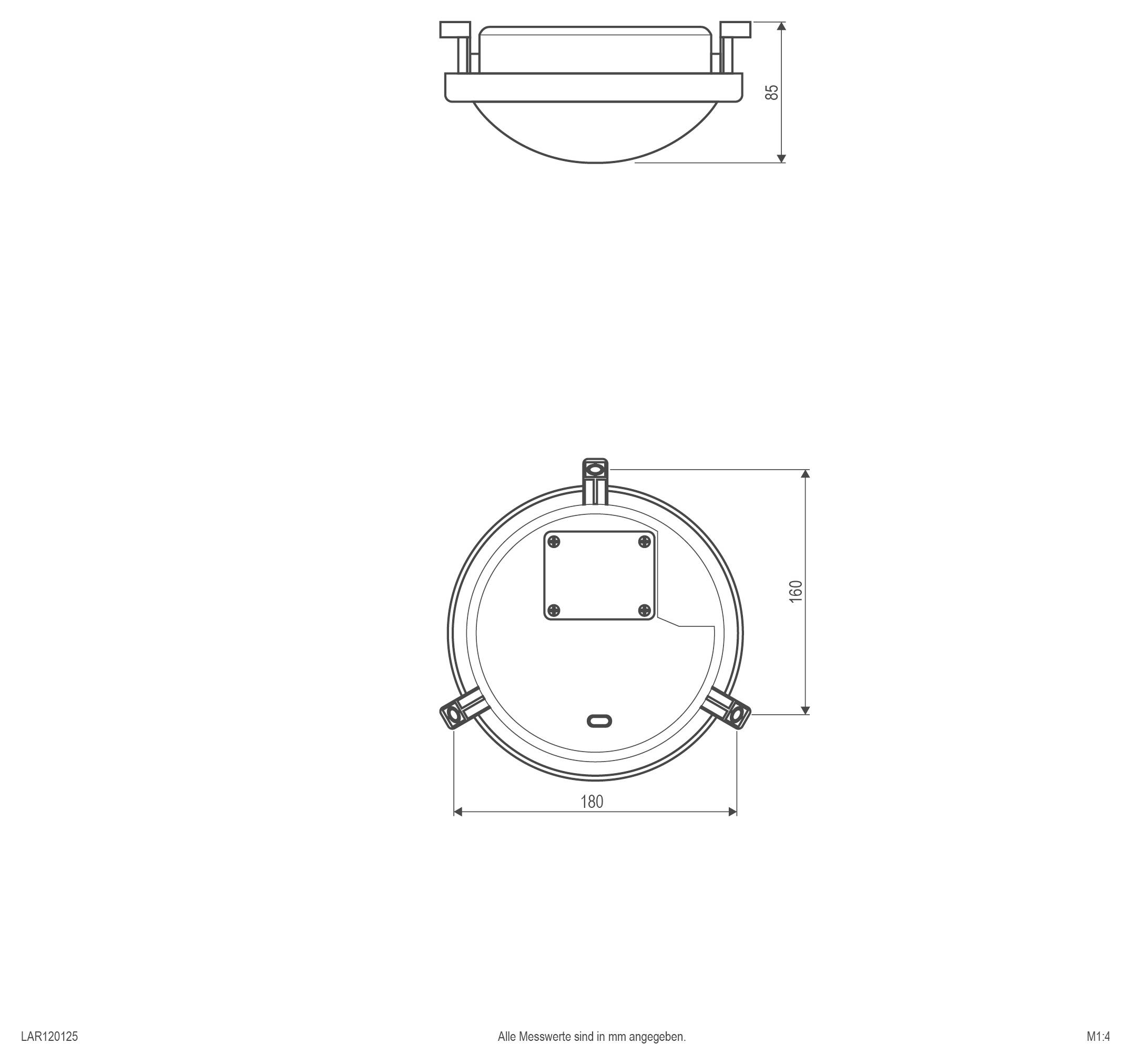 Technische Zeichnung einer rechteckigen LED-Leuchte mit Abmessungen in Millimetern und einer Seitenansicht, die einen Einstellbereich von 270° zeigt.