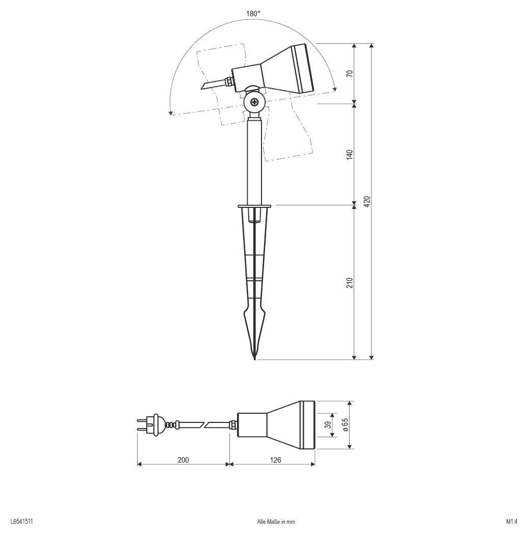 Bemessete technische Zeichnung eines pfostenmontieren verstellbaren Scheinwerfers mit 180° Neigung und Seitenansicht-Maßstäben in Millimetern.