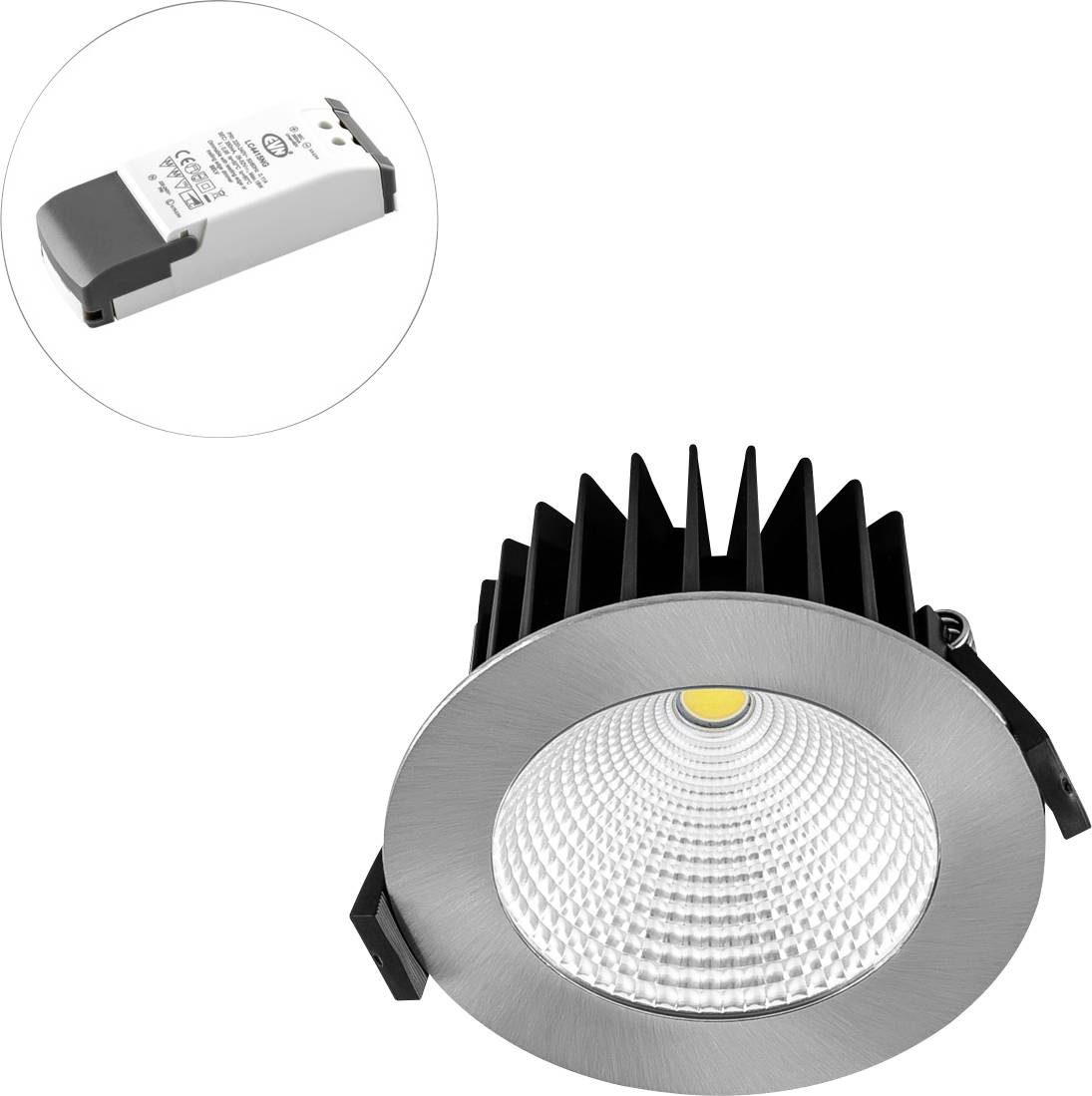 LED-Spotlight mit schwarzem Kühlkörper und silbernem Rand, daneben klein abgebildeter passender Treiber.