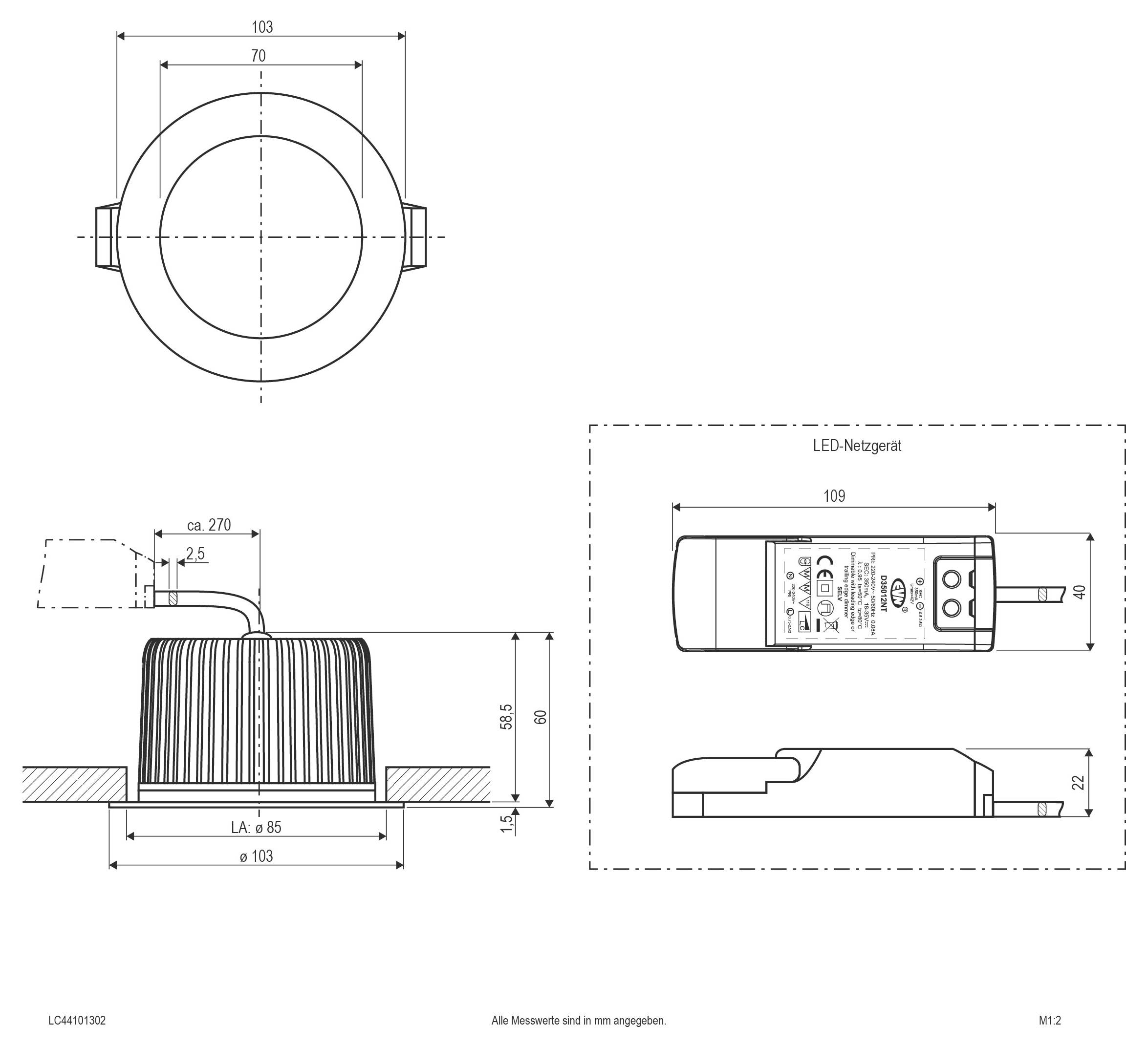 Technische Maßzeichnung einer runden LED-Einbauleuchte mit Ansichten von oben, von der Seite und von vorne, mit beschrifteten Maßen und Ausschnittsdetails.