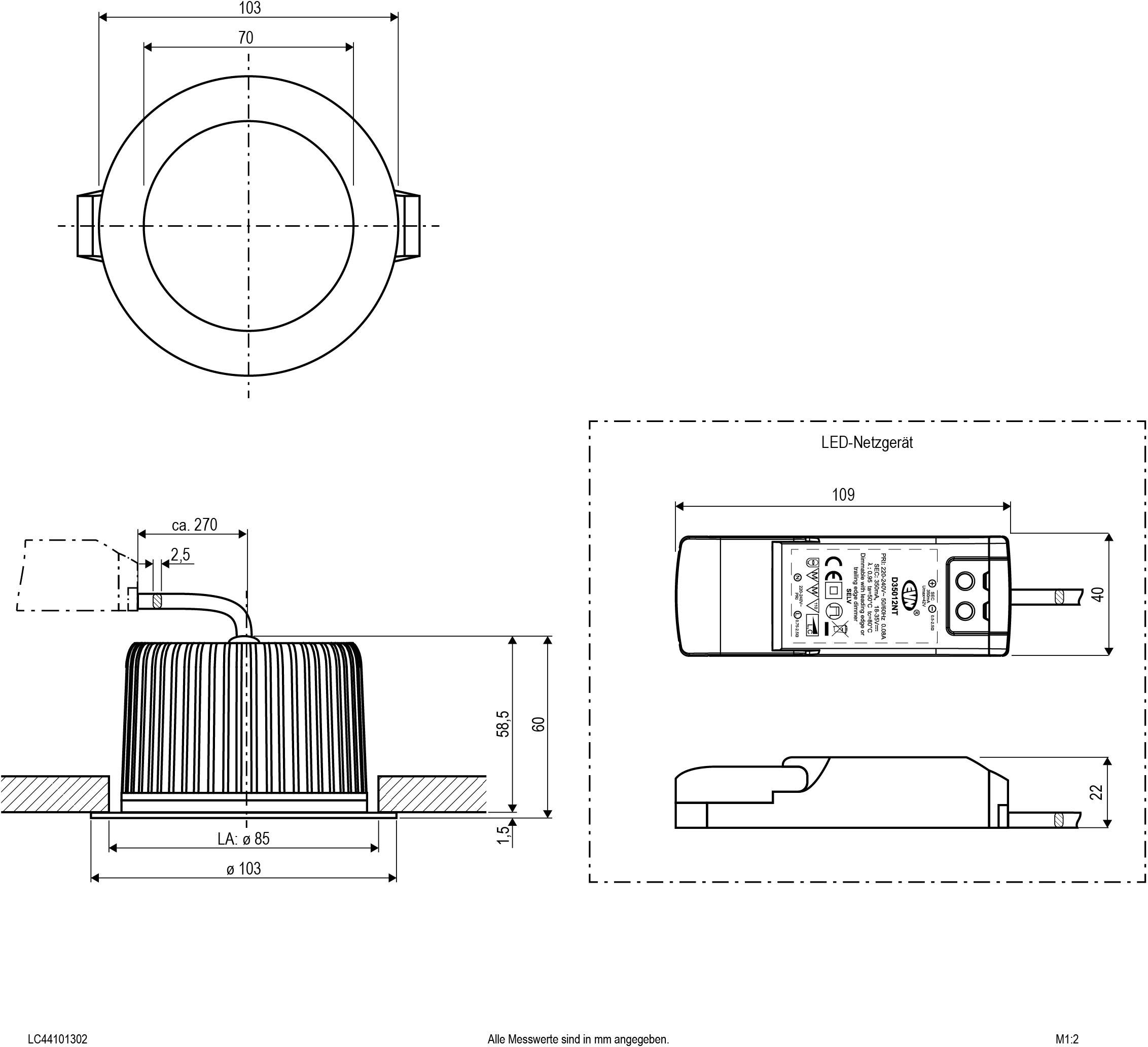 Technische Zeichnung eines LED-Downlights und Netzteils mit Maßen und Ansichten von oben, Seite und Detailansicht des Netzteils.
