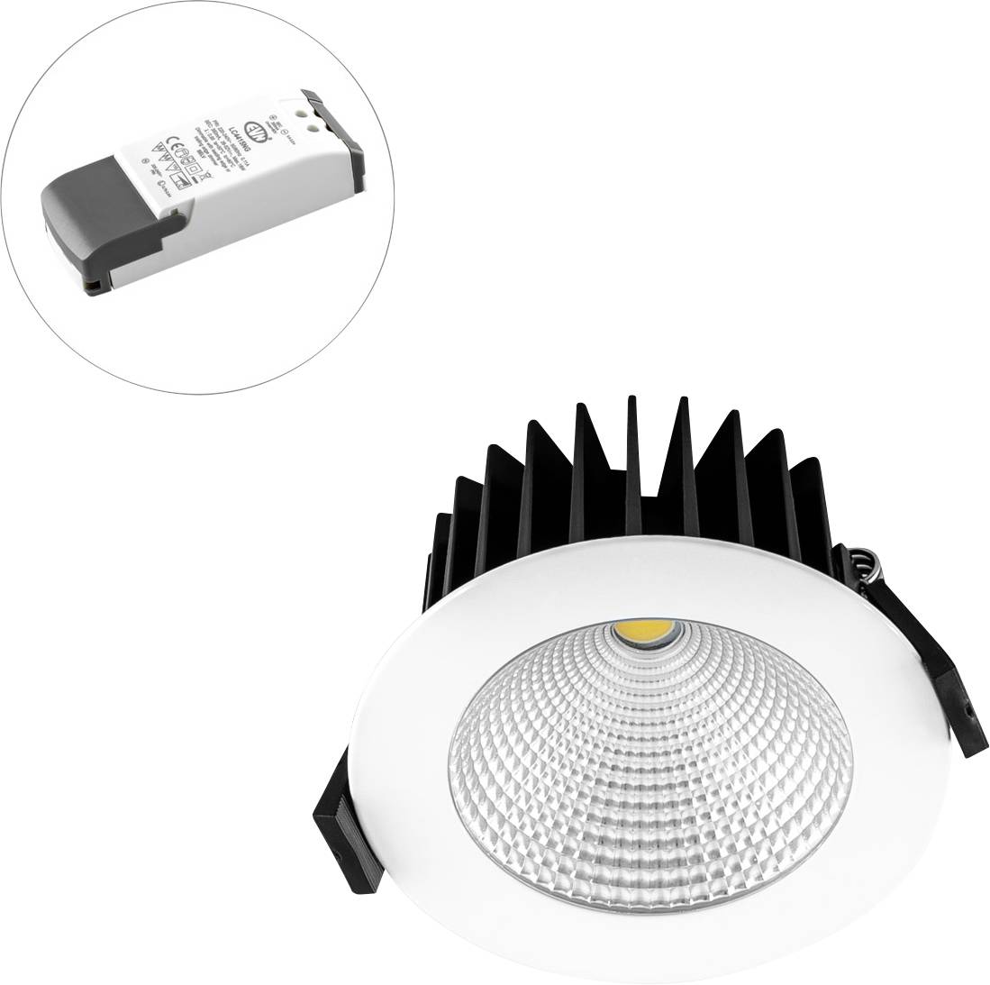 Runde LED-Einbauleuchte mit geriffeltem Reflektor, daneben ein rechteckiges Vorschaltgerät. Beleuchtungselement im technischen Design.