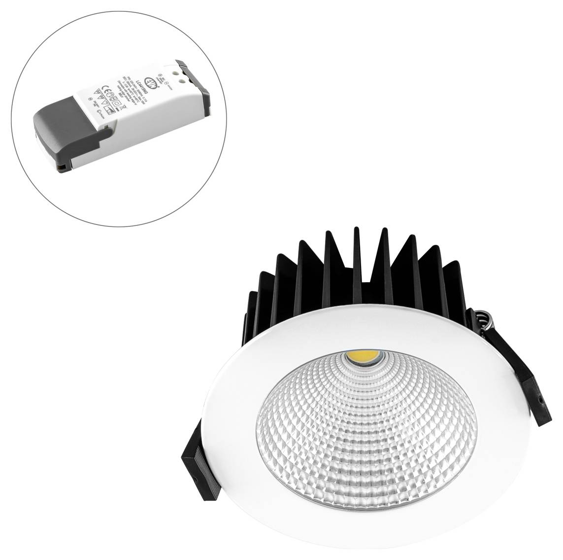 Eingelassene LED-Einbau-Downlight mit schwarzem Kühlkörper und weißer Blende, mit separatem Treibermodul, das oben links vergrößert dargestellt ist.